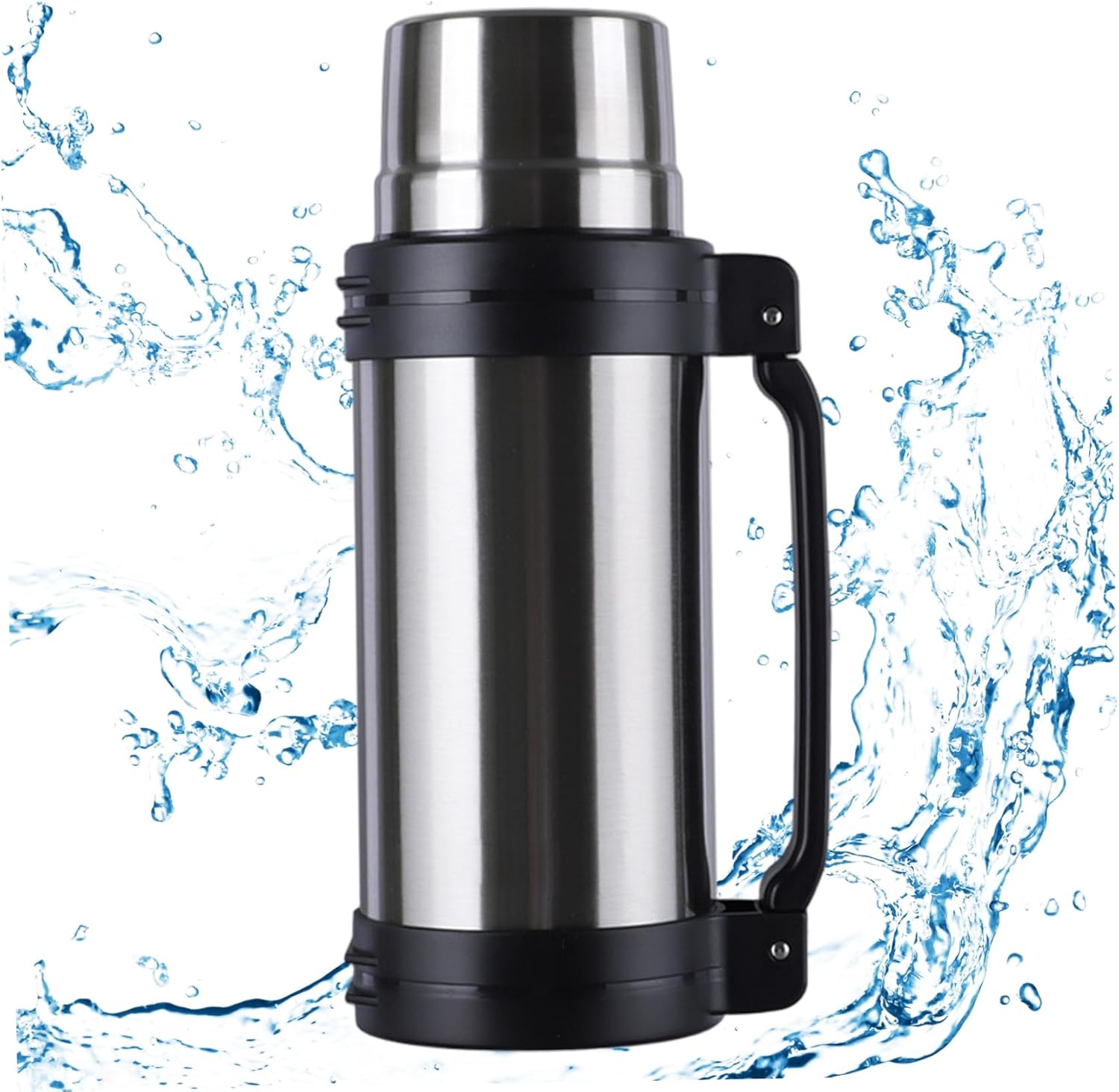 Thermo Flask 2L Leakproof Insulated Water Bottle Stainless Steel with Handle & Cup Portable Large Flask ideal for Hot & Cold Drinks