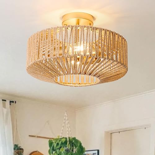 hummingbird Boho Ceiling Light Fixtures,2-Light 15 Inch Rattan Flush Mount Ceiling Light,Antique Gold Woven Rattan Chandelier for Small Bedroom Kitchen Hallway Entryway