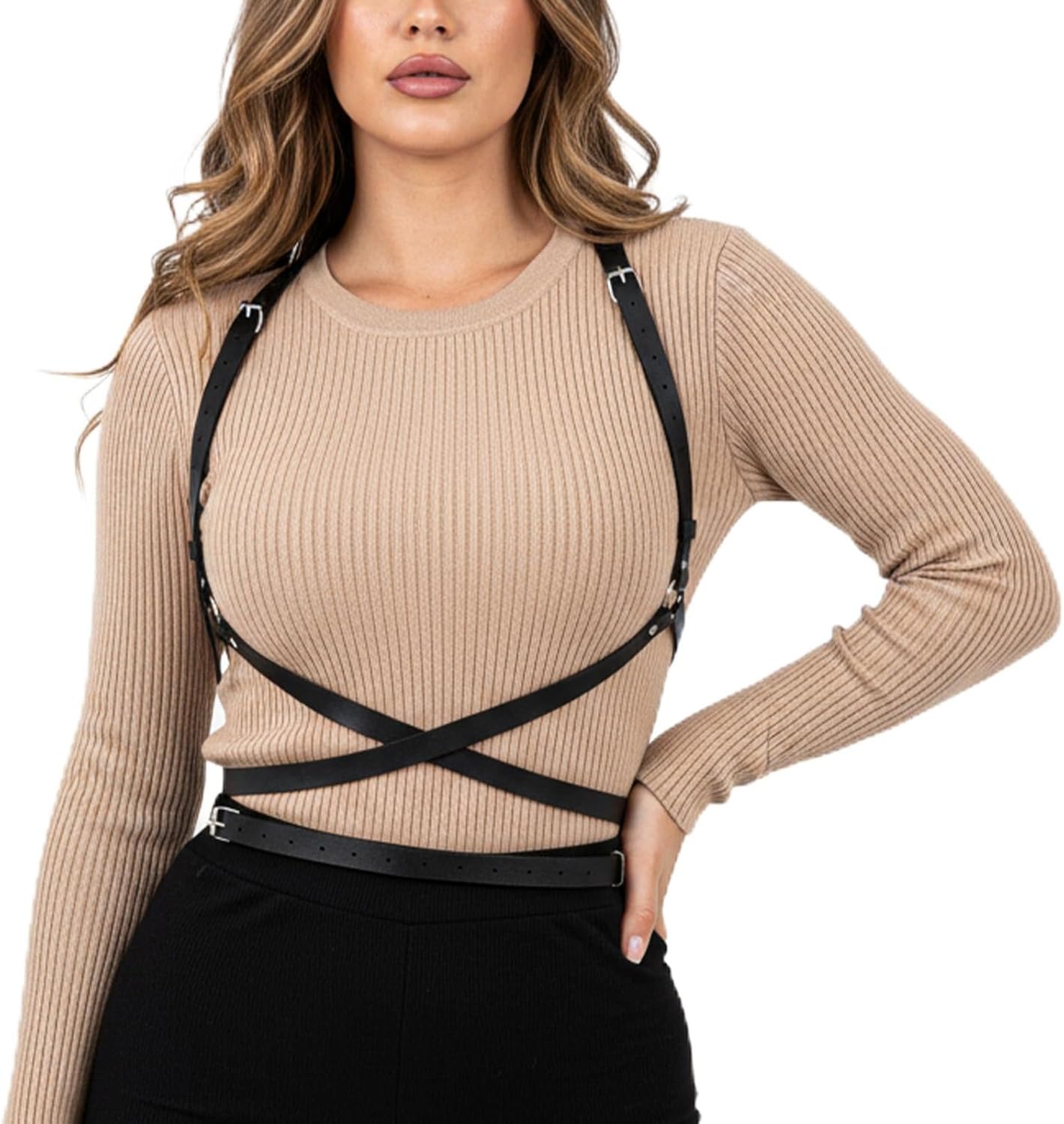 Punk Leather Harness Belt, PU Leather Punk Goth Body Belt for Women Adjustable Waist Harness Belts for Rave Halloween Dresses Party Accessories