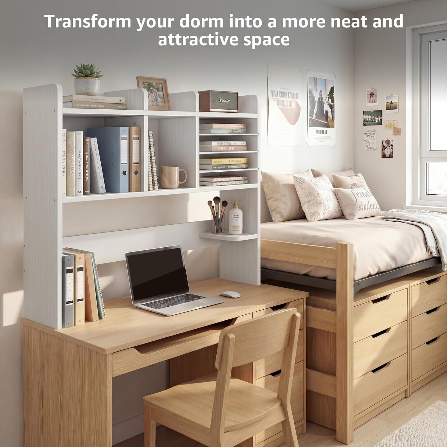 Desktop Bookshelf for Computer Desk - 36" Desk Hutch Organizer with 4-Tier Paper Tray, Tabletop Storage Rack for College Dorm Room Essentials, Home Office Shelving, White