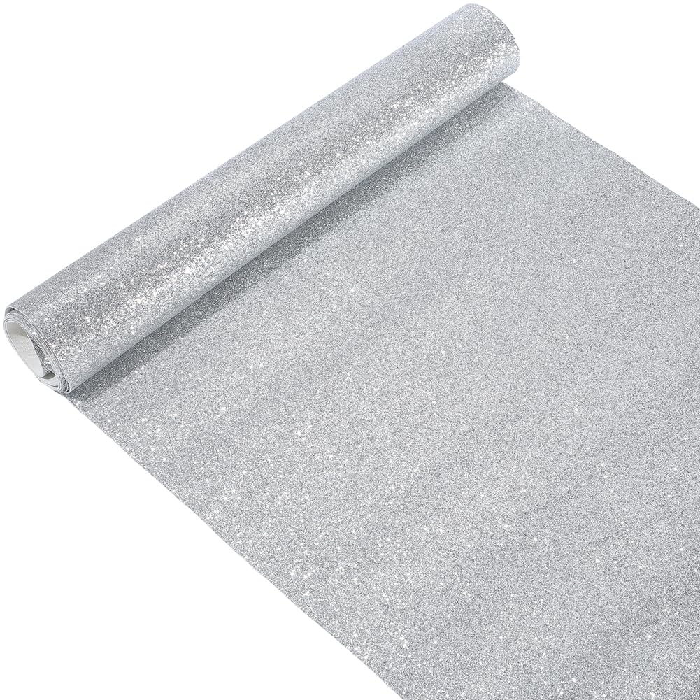 CALFOVERA 137 x 30cm Glitter PU Leather Sheets Sparkly Shiny Leather Rolls Superfine Sparkle Solid Fabric for DIY Crafts Patchwork Wedding Sewing Making Earrings Decorations (Silver)