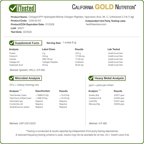 Miniatura 4 de California Gold Nutrition CollagenUP®, péptidos hidrolizados de colágeno marino con ácido hialurónico y vitamina C, sin sabor, 2.2 lb (1 kg)