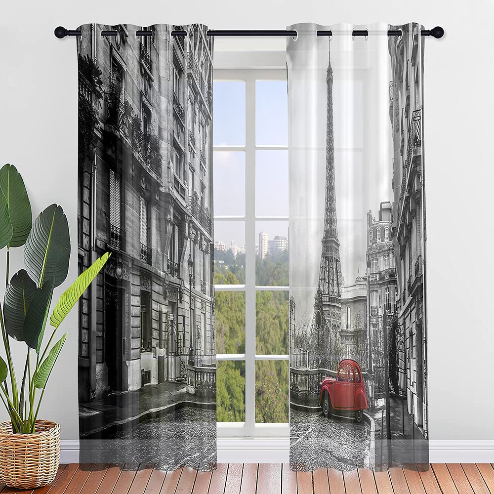 Hiseng Voile Curtains for Bedroom 2 Panels, Sheer Curtains Eyelets Net Translucent Window Screen Printed Tulle Door Drapes for Living Room Balcony Home Decorative (55x95cm,Eiffel Tower)