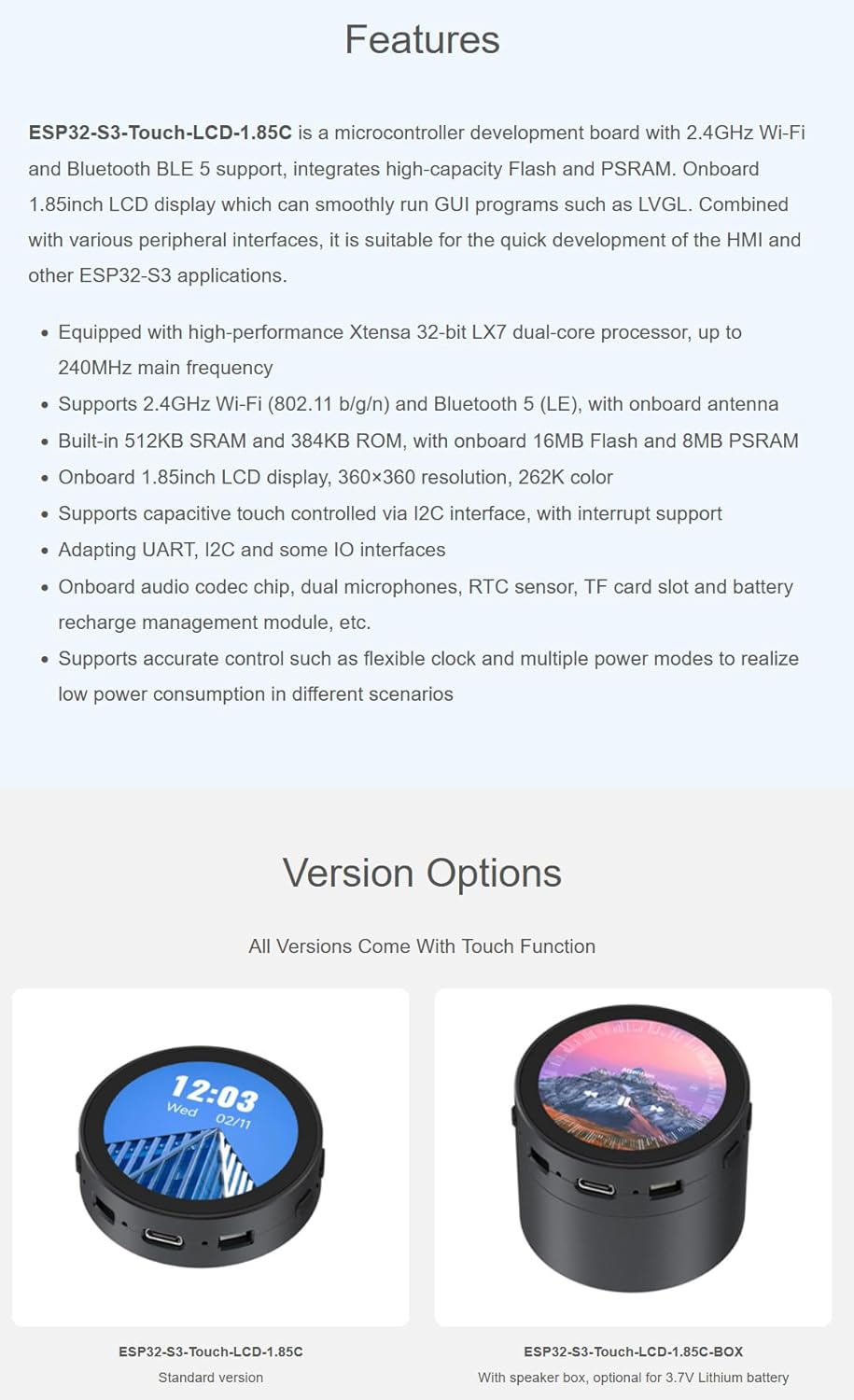 ESP32-S3 1.85inch Round LCD Development Board, 360×360, Supports Wi-Fi & Bluetooth BLE 5, AI Speech, ESP32 with Display, with Smart Speaker Box @XYGStudy (ESP32-S3-Touch-LCD-1.85C-Box)