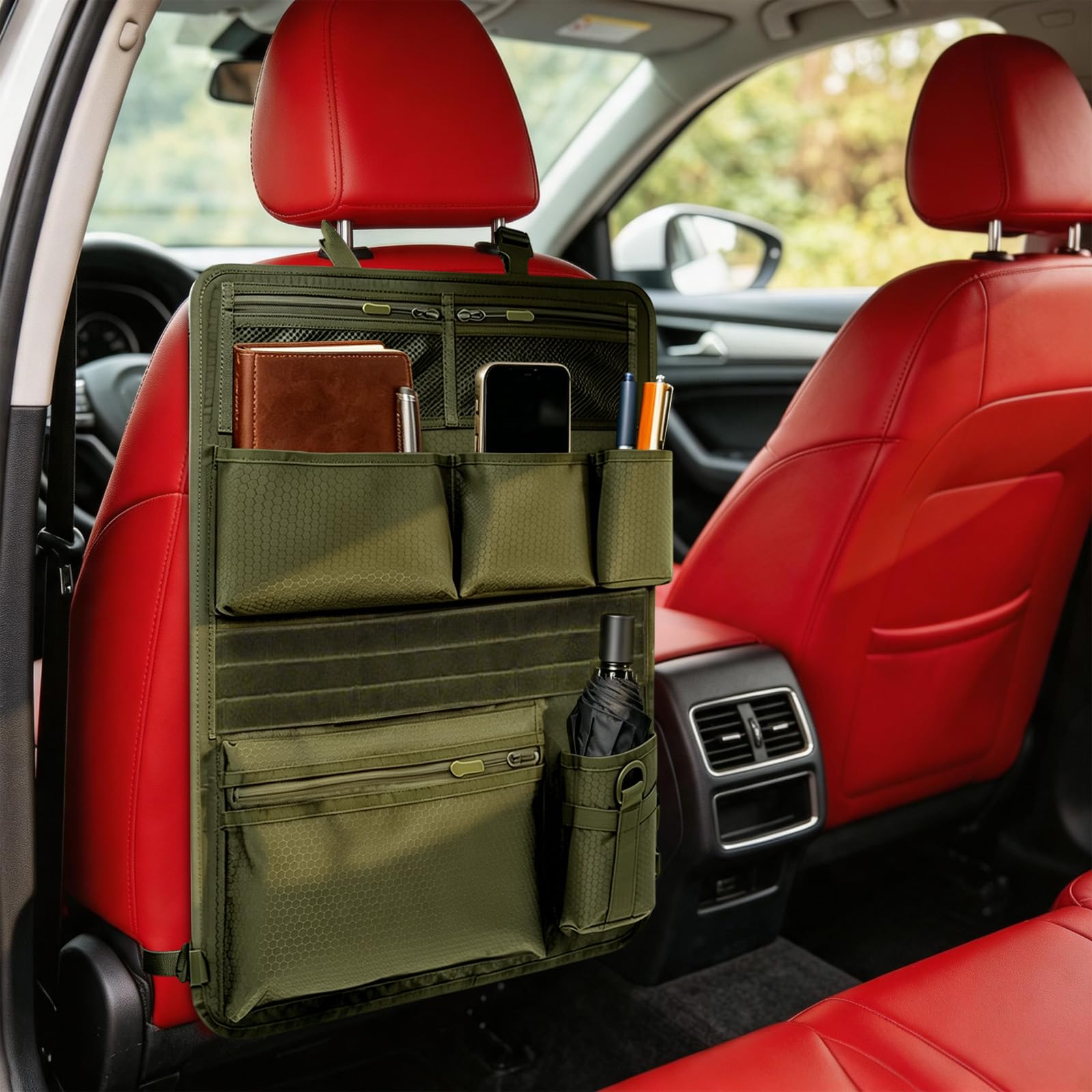 Borsa tattica per sedile auto, verde oliva, 42 x 62 cm, per SUV, MPV | Borsa tattica per zaino in tessuto Oxford, 42 x 62 cm, per auto, SUV, MPV, ideale per viaggi e pendolari.