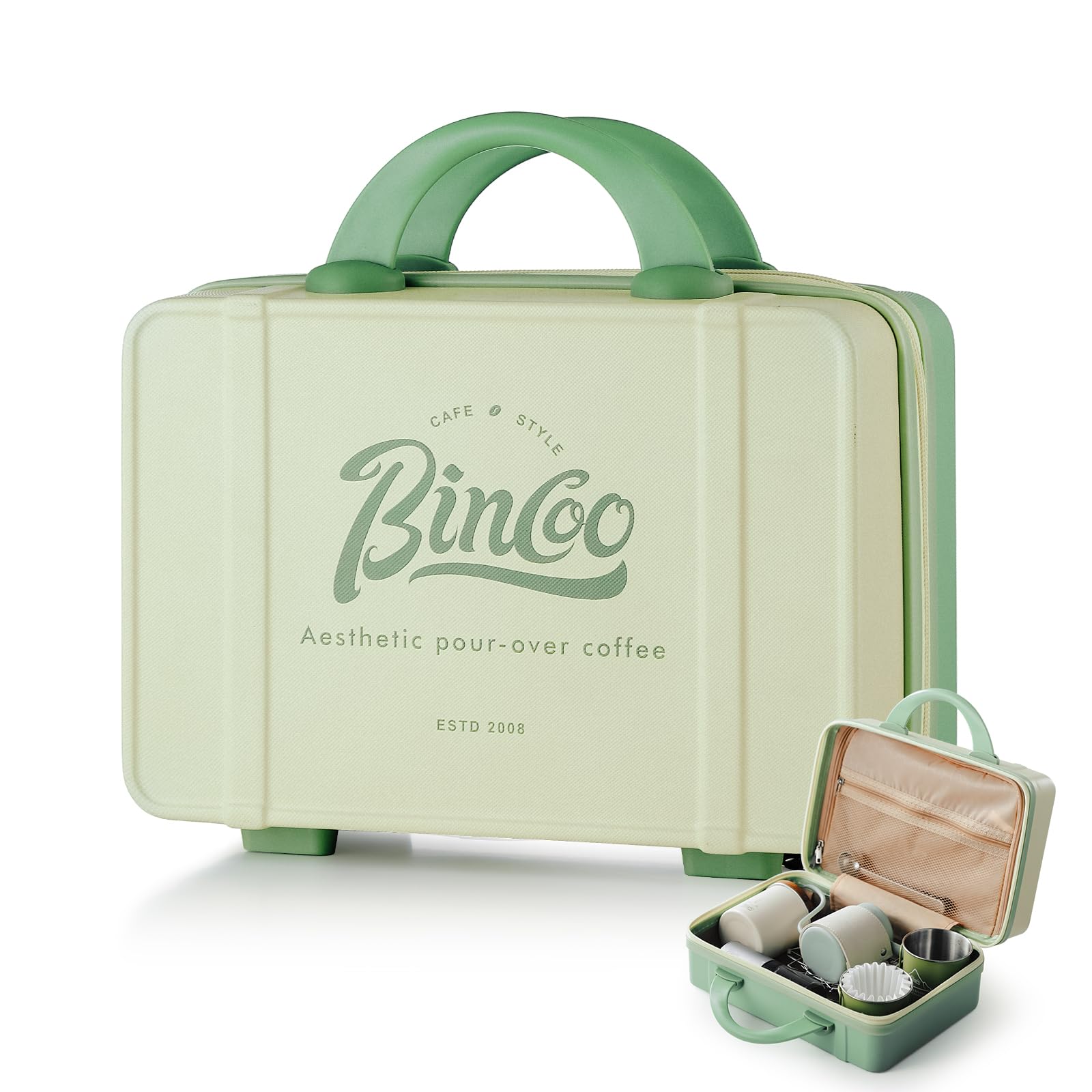 Bincoo Coffee Maker Travel Bag - Portable Pastel Green Storage Box – Stylish 2-Layer Travel Case for Outdoor Coffee Lovers, Travel Case for Barista (Green)