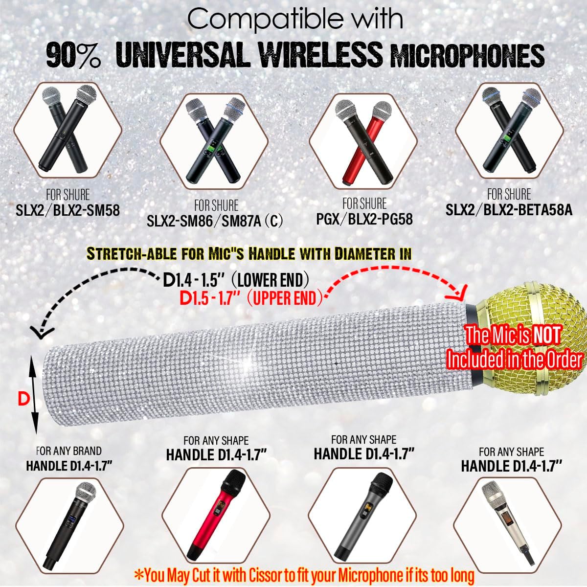 Sparkly Sleeve Bundle for Wireless Handheld Microphone - Silver, Rose Gold, Black - Bling, Glitter, Rhinestone, Decorative Mic Cover