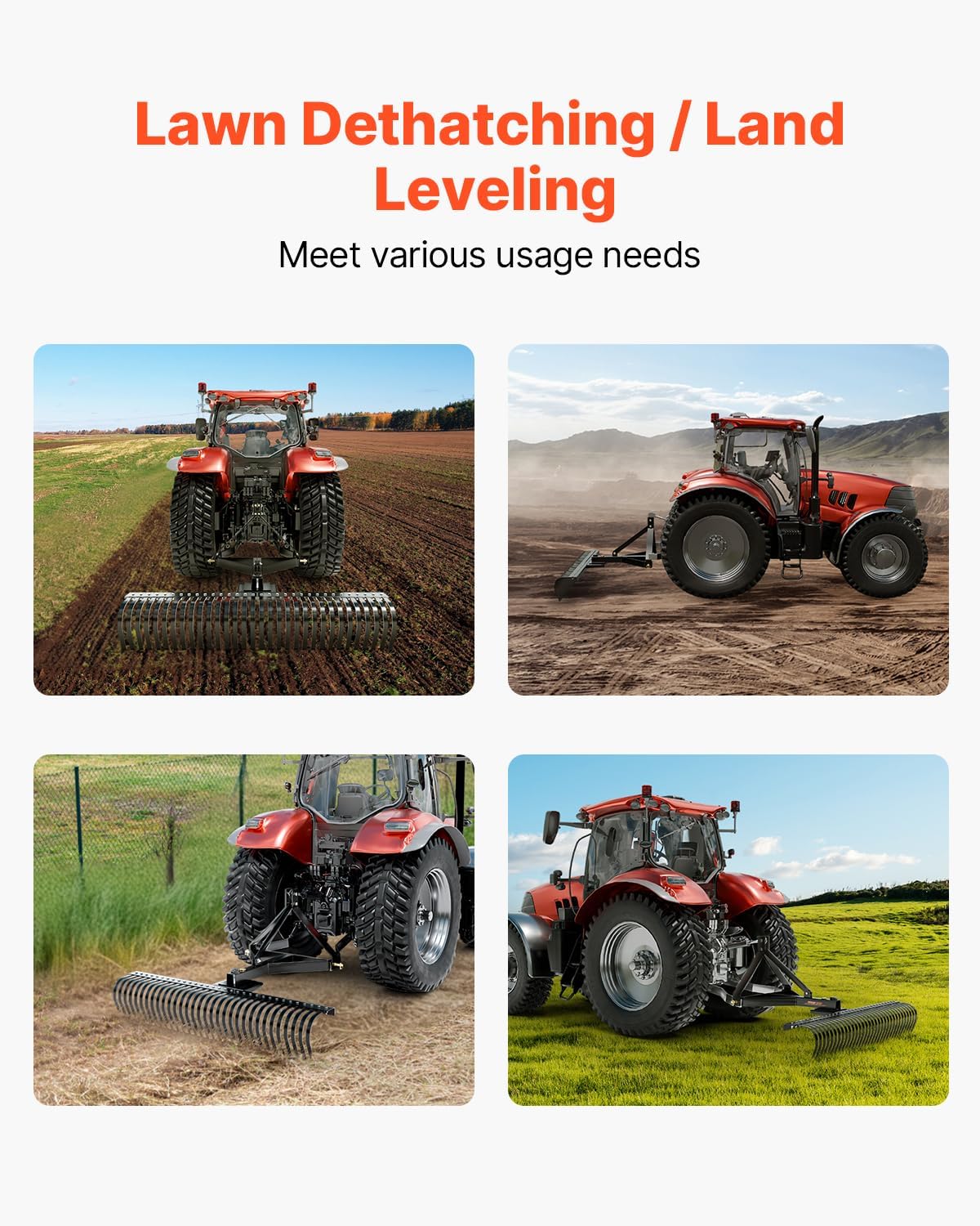 VEVOR Pull-Behind Thatch Remover, 60" Width, 3-Point Dethatcher Equipped with 32 Durable Steel Prongs, Tractor-Compatible 3-Point Hitch Garden Rake, Ideal for Soil Preparation and Grass Maintenance