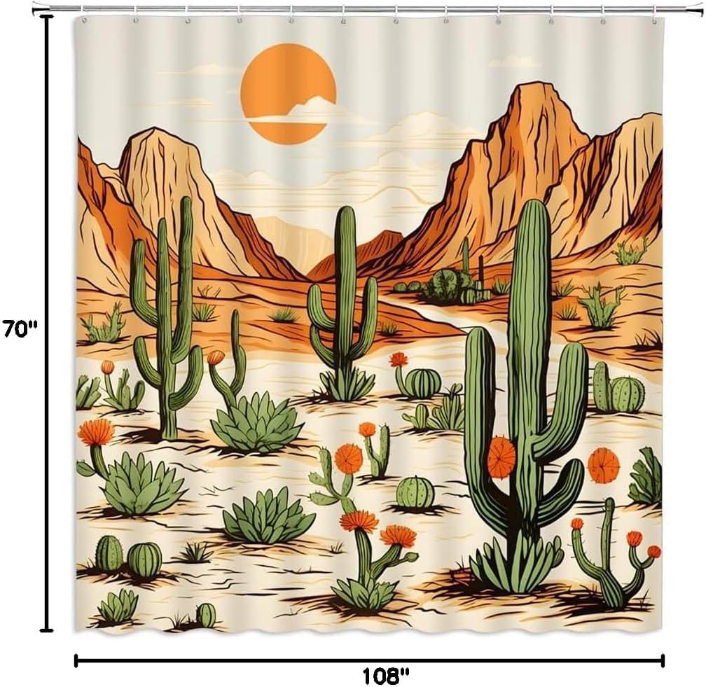 Western Shower Curtain Cactus Mountain Tropical Desert Landscape Ethnic Aztec American Cowboy Bathroom Decor Fabric Curtains with Hooks 108" WX70 L