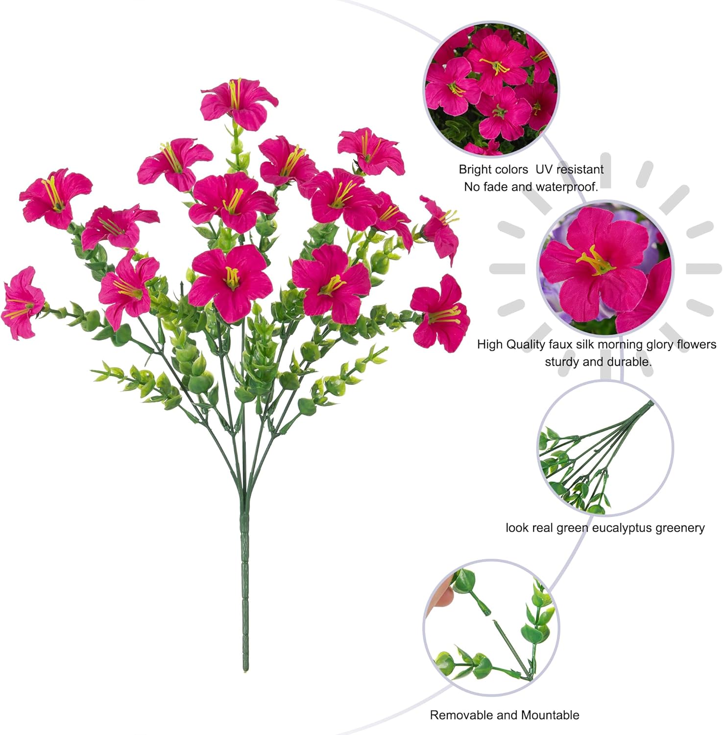 Artificial Flowers for Outdoors Decoration, 20 Bundles Faux Morning Glory with Eucalyptus Look Real UV Resistant Fake Plants Silk Flowers for Outside Yard Gardens Porch Patio Planter Home Urn, Mix