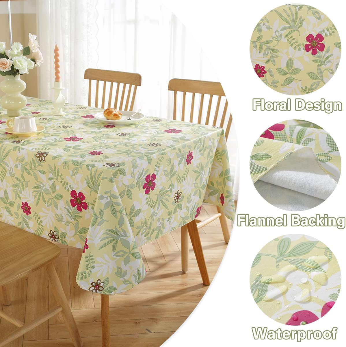 SASTYBALE Vinyl Spring Summer Tablecloth with Flannel Backing Rectangle 60 x 102 Inch, Eucalyptus Leaves Waterproof & Non Slip Table Cloth, Plastic Table Cover for Dining, Party, Indoor, Outdoor