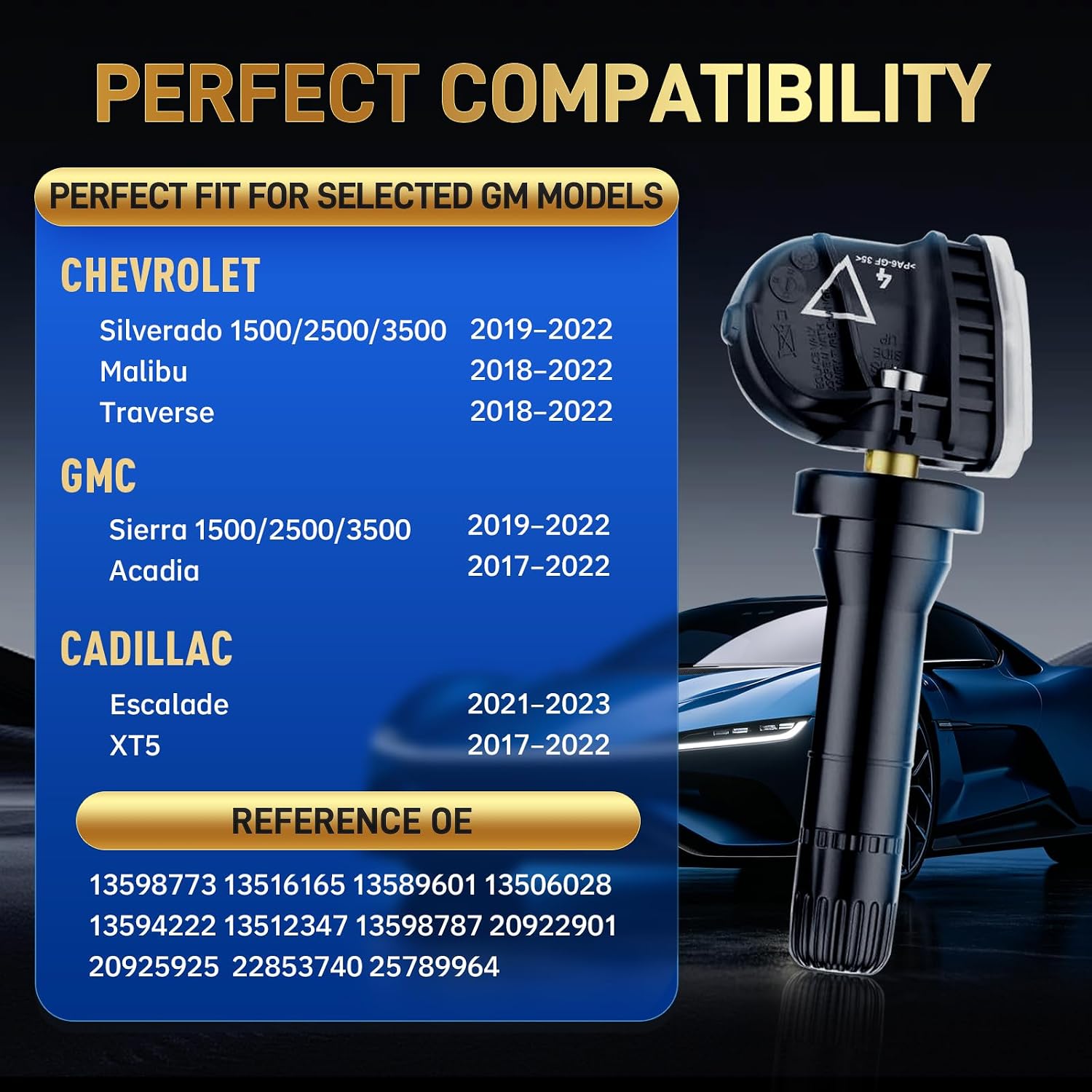 433MHz Pre-Programmed TPMS Sensor for Chevy Silverado 19-22 | Malibu 18-22 | Traverse 18-22, GMC Sierra 19-22 | Acadia 17-22, Cadillac Escalade 21-23 | XT5 17-22, Buick Enclave 18-22,4 Pack