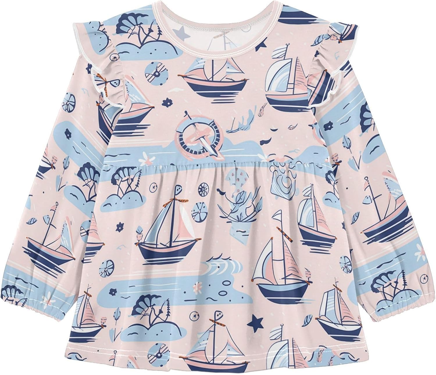 visesunny Toddler Clothes for Girls Blue Pink Sailboat Long Sleeve Fall Shirts Cotton Top with Ruffle Collar