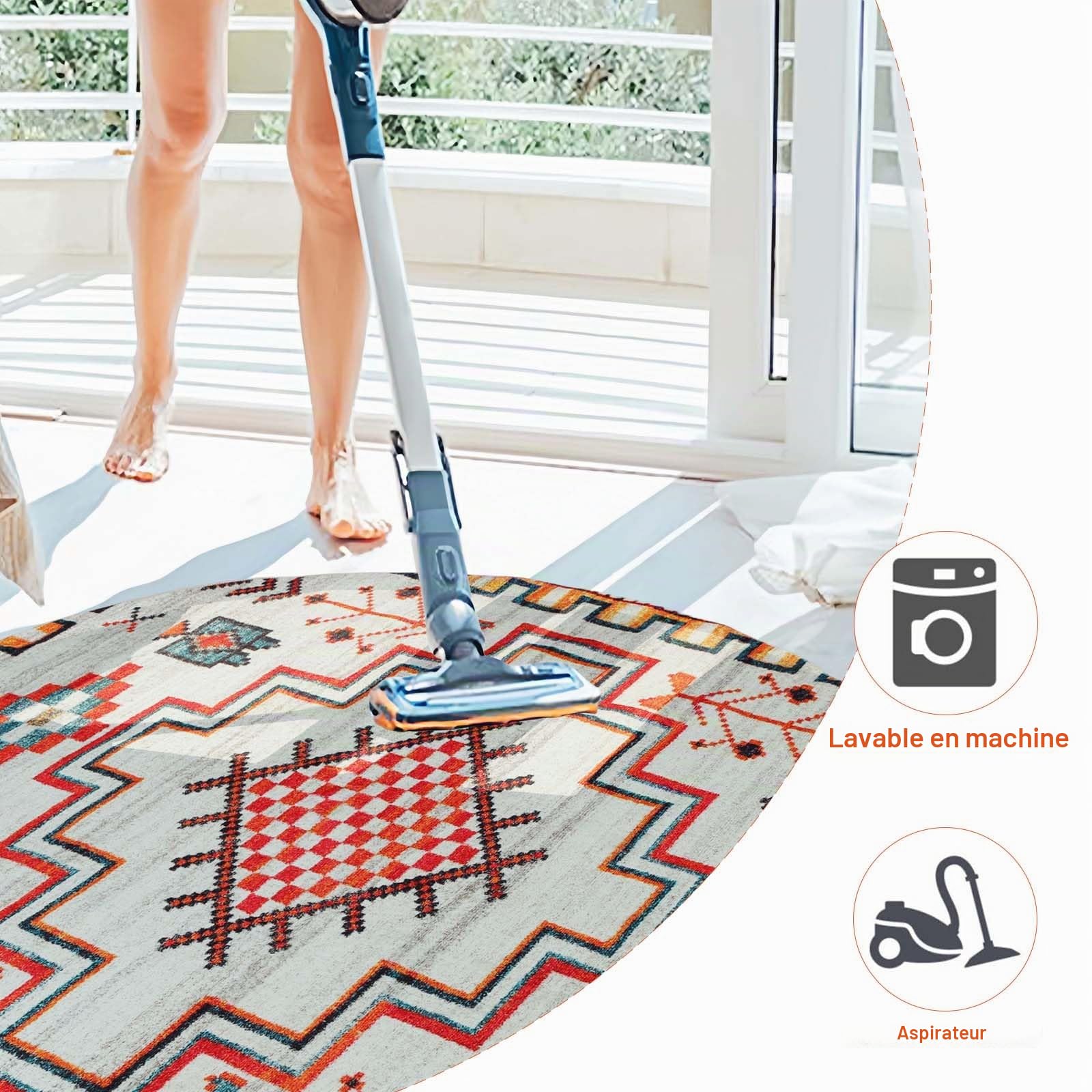 Betadistor Grand tapis rond lavable de 120 cm – Tapis rond bohème antidérapant et résistant aux abris de jardin 405-07120