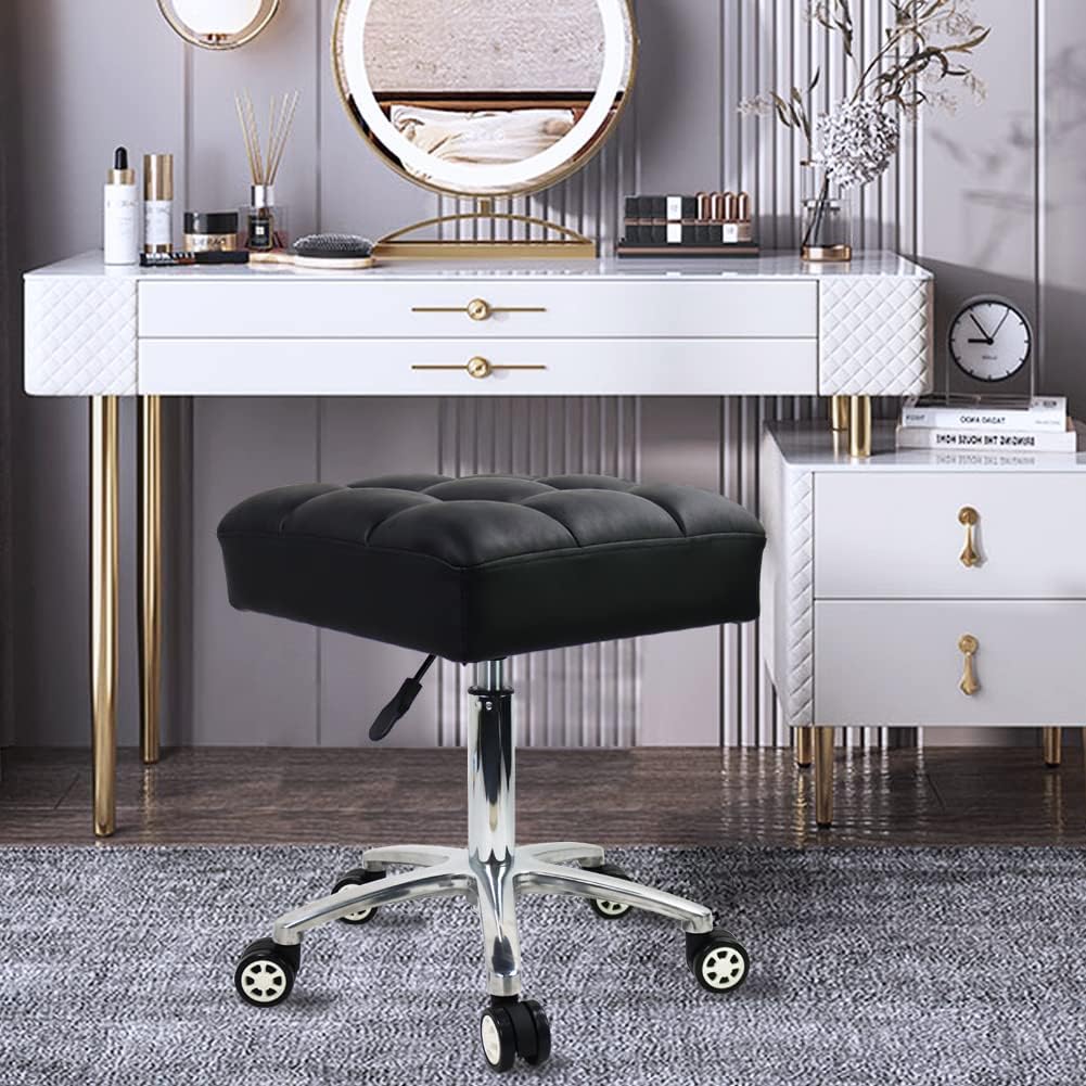 WKWKER Rolling Stools Square Seat Thick PU Leather 360° Swivel Stool with Wheels Hydraulic Lift Height Adjustable Stool Chair for Home Kitchen Drafting Lab Office Salon Massage Stool（Black）