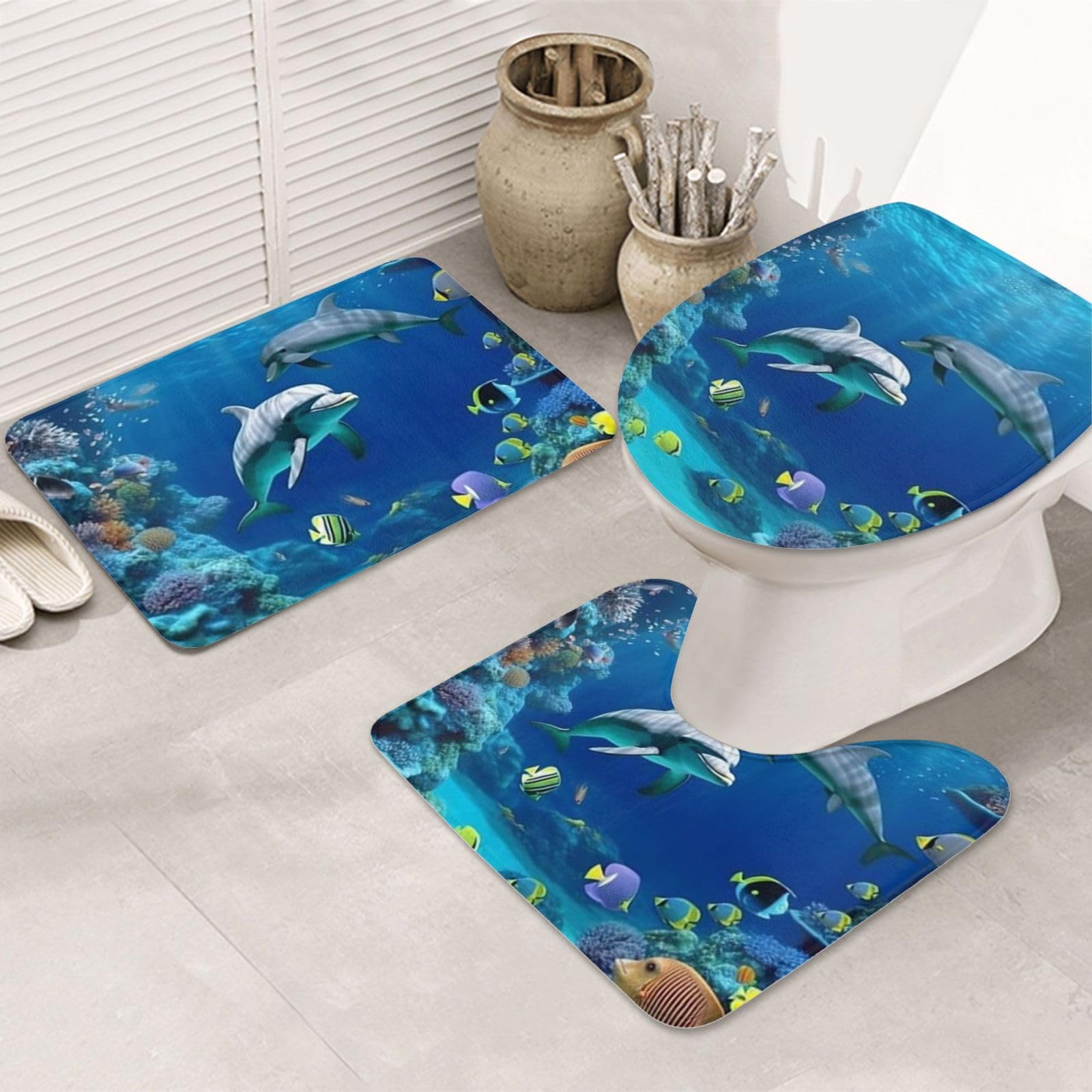 Dwrepo Underwater World Fish dolphi Print Bathroom Rug Set 3 Piece with Non-Slip U-Shaped Contour Mat and Toilet Lid Cover for Bathroom Decoration