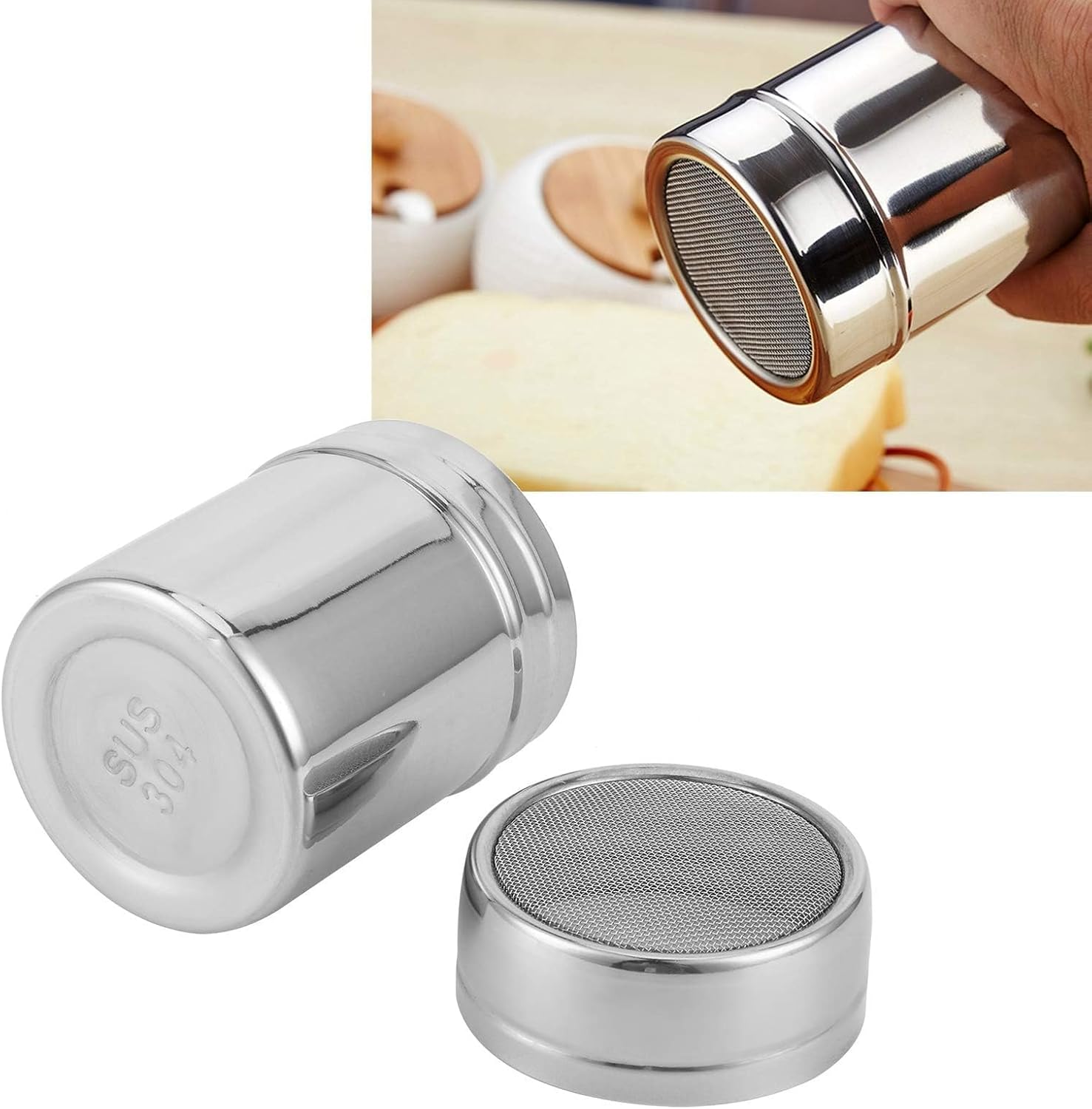 Stainless Steel Powder Sugar Shaker Duster with Lid, Cinnamon Shaker for Coffee Bar Stainless Steel Fine Mesh Powder Sugar Shaker with Lid for Kitchen Baking Cooking Coffee 5.1x2.8x1in (L)