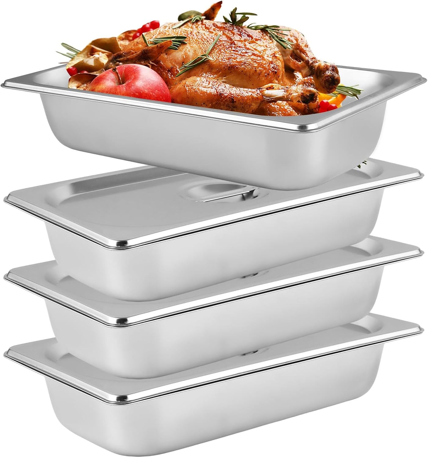Breading Street Set of 4 Stainless Steel GN Containers with Lid 32.5 x 17.5 x 6.5 cm Gastro Container GN 1/3 Container Breading Street Schnitzel for Fish Breading Bowls