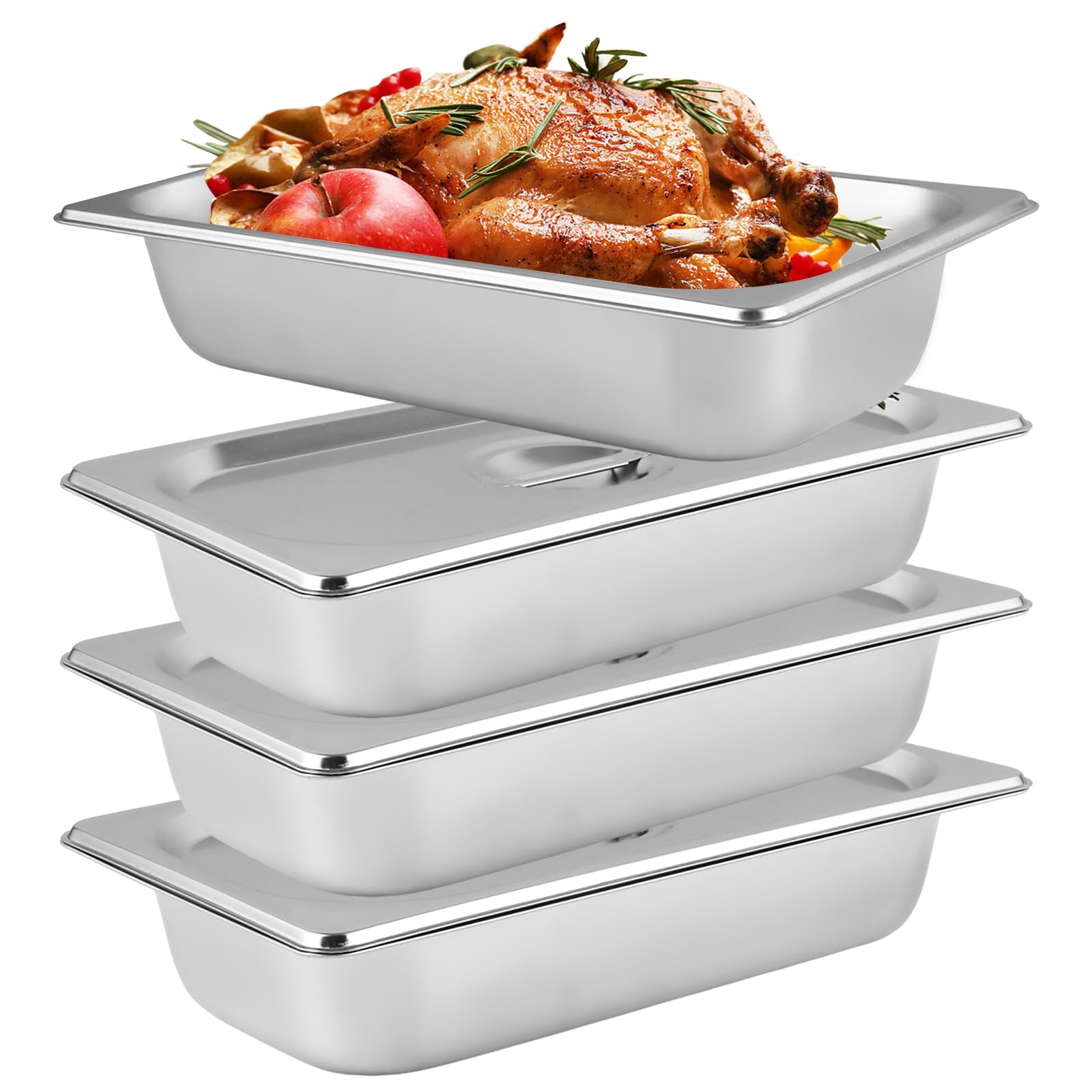 Bac Gastronorme GN 1/3, 4 PCS 3,7 L Récipient de Restauration en Acier Inoxydable, Bac Inox Alimentaire Profondeur 6,4 cm, Anti-adhérent et Antirouille pour Cuisine de Restaurant Gril