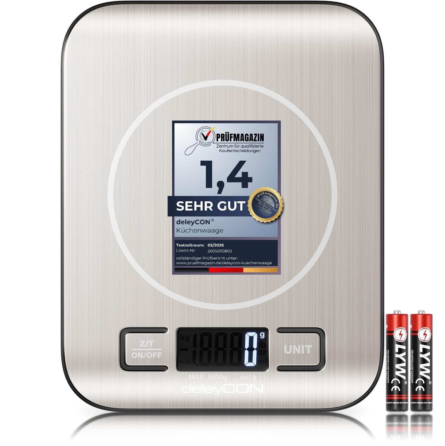 deleyCON Küchenwaage Digital, LCD-Display, Tara-Funktion (mit Batterien) bis 5KG, Digitalwaage, Briefwaage, auf 1g genau, Backen Kochen Messen von Zutaten Diät Fitness Schmuck, klein und flach, Silber