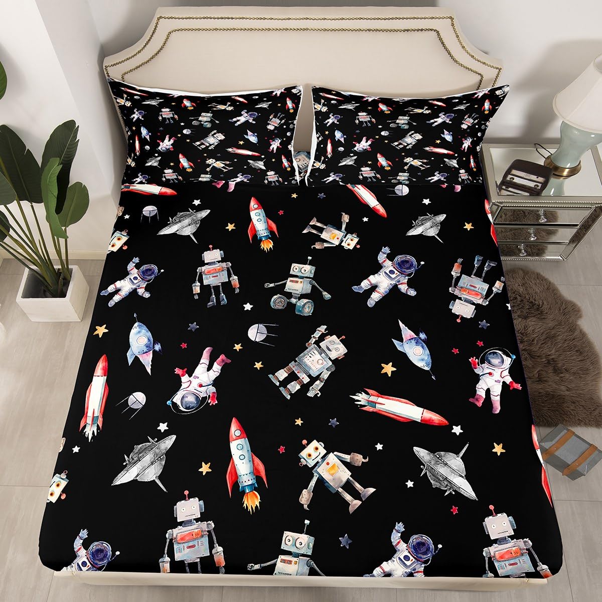 Cute Robot Rocket Fitted Sheet Twin Size - Astronaut Galaxy Bedding Set For Kids, 2Pcs, Deep Pocket - View #10