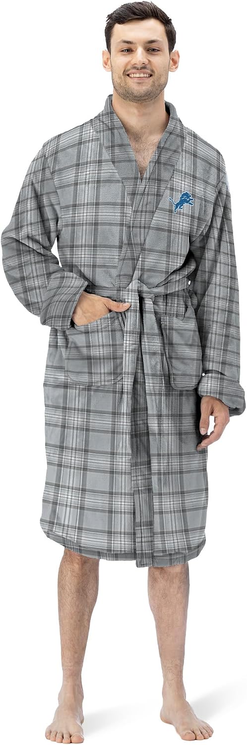 Northwest Official NFL Detroit Lions Men's Lightweight Flannel Bath Robe, Gray Tartan, 26" x 47"