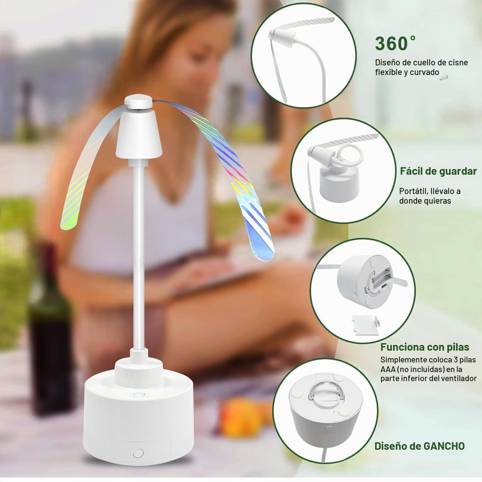 Ventilador Repelente De Moscas, 4Pcs Controlador De Trampas Para Mosquitos Con Cuello De Cisne Flexible De 360°, Luz LED Eliminación Física De Insectos Con Gancho Para Colgar Ideal Para Fiestas BBQ