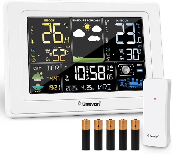 Geevon Wetterstation mit DCF Funkaußensensor, Farb VA Display, Wettervorhersage und Komfortanzeige, Sonnenaufgang/Sonnenuntergang, Schimmelanzeige, Temperaturwarnungen, Mondphase(250397 mit batterien) - 1