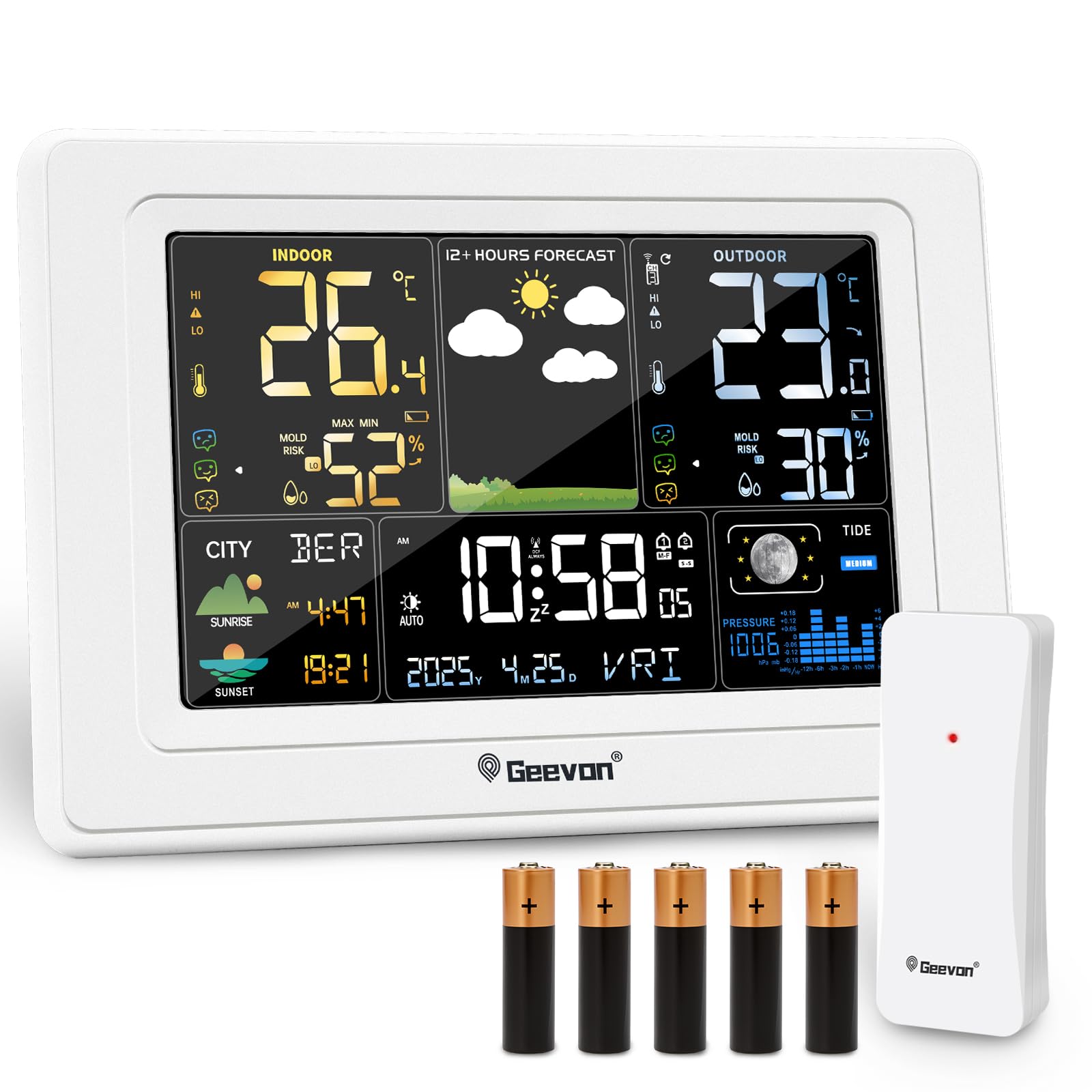 Geevon Wetterstation mit DCF Funkaußensensor, Farb VA Display, Wettervorhersage und Komfortanzeige, Sonnenaufgang/Sonnenuntergang, Schimmelanzeige, Temperaturwarnungen, Mondphase(250397 mit batterien) - 1
