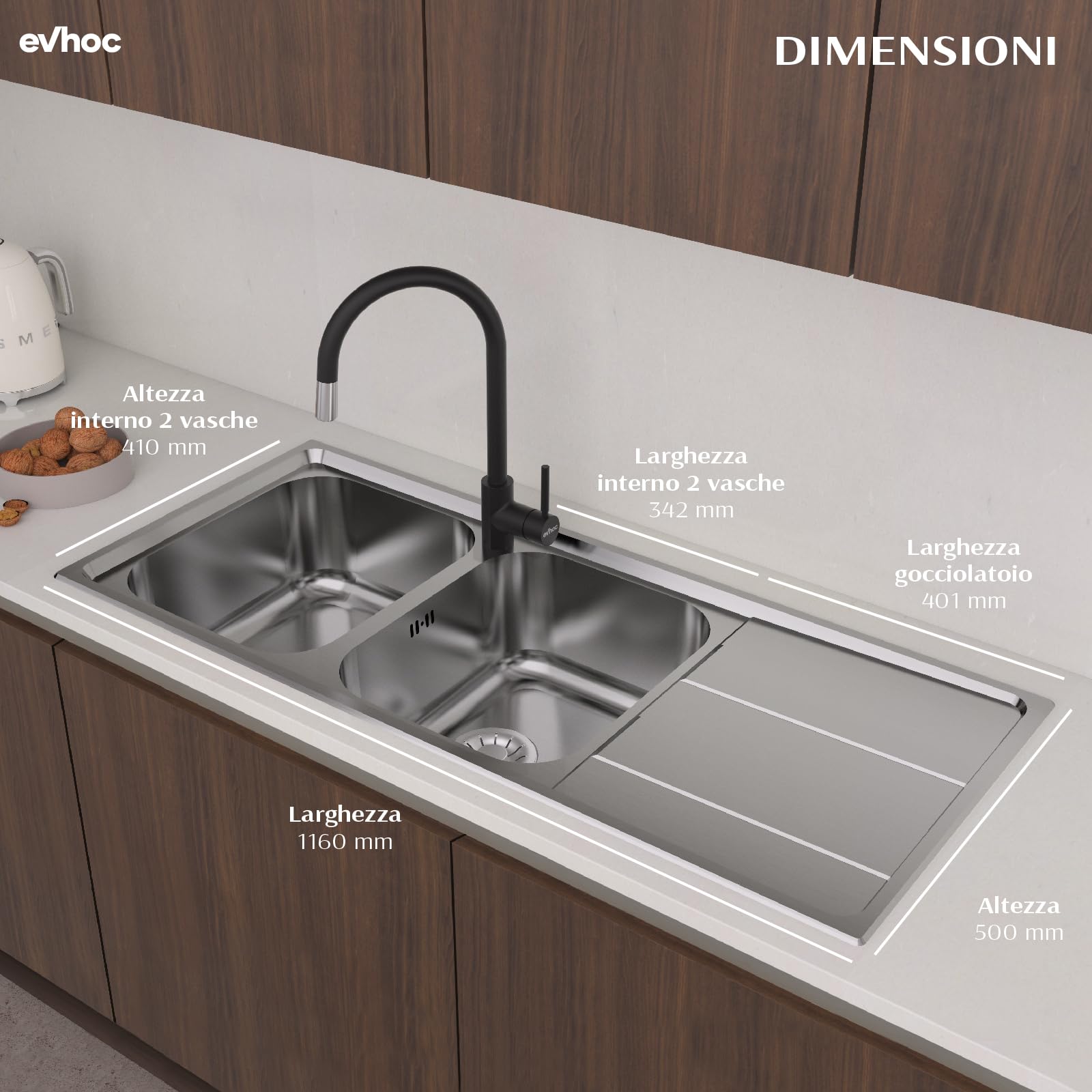 Evhoc Lavello Cucina Sopratop 116x50 cm 2 Vasche Sinistra con Gocciolatoio, Acciaio Inox AISI 304 Satinato, Piletta e Sifone Inclusi Inclusa, Made in Italy, Facile Pulizia, AURA L