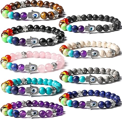 BOMAIL Juego de 2 a 9 pulseras de mal de ojo Hamsa con piedras preciosas de lava de 7 chakras, pulseras de piedras de lava con dije de Hamsa de ojo