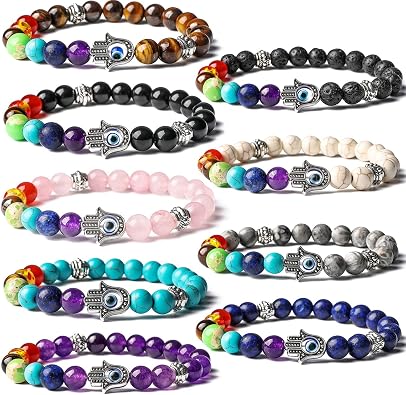 BOMAIL 2-9pcs Evil Eye Bracelet Set Hamsa 7 Chakra Gemstone Lava Stone Bracelets Blue Evil Eye Hamsa Charm Bead Bracelets for Men Women Hand of Fatima Bracelet