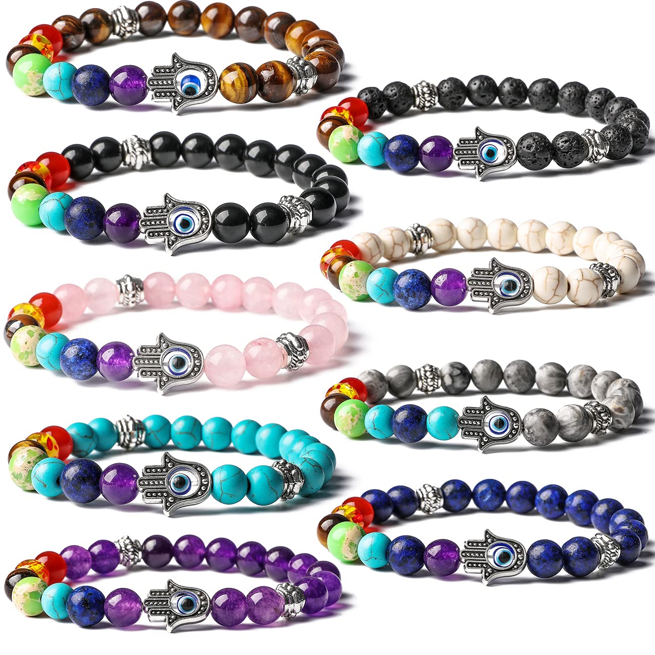 BOMAIL2-9pcs Evil Eye Bracelet Set Hamsa 7 Chakra Gemstone Lava Stone Bracelets Blue Evil Eye Hamsa Charm Bead Bracelets for Men Women Hand of Fatima Bracelet, Stone, Agate,