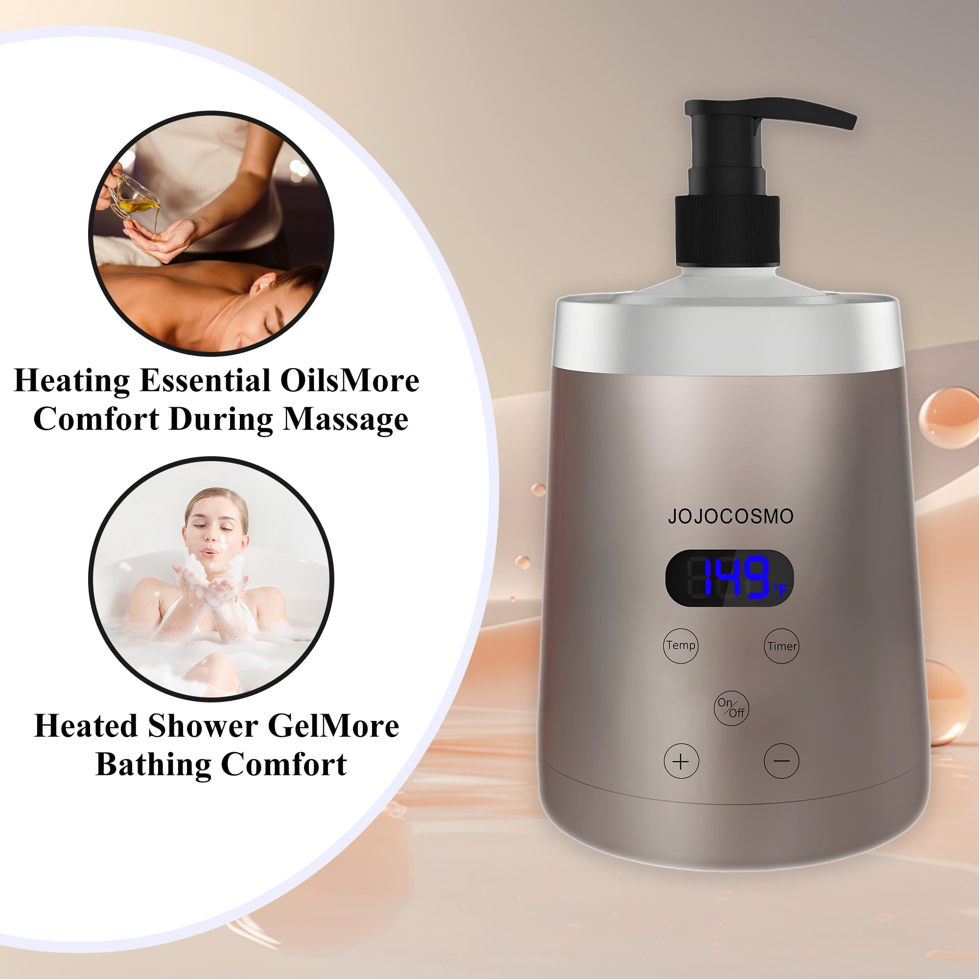 Calentador de aceite de masaje, con 2 dispensadores de botellas de loción, temperatura ajustable de 30.0 °C a 65.0 °C, pantalla conmutable ℉/℃, adecuado para masaje de salón y hogar, oro