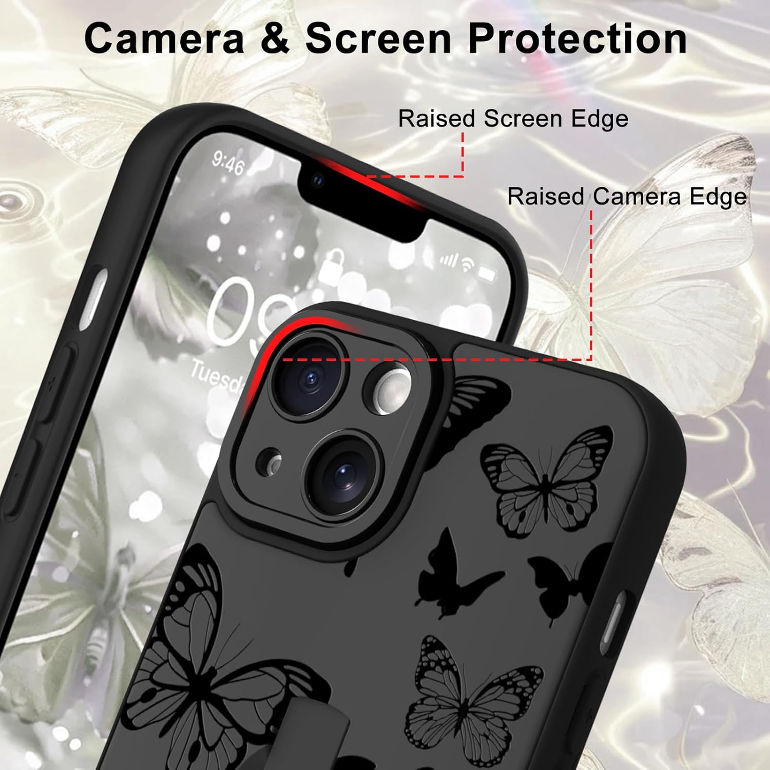 for iPhone 13 Case with Finger Strap Holder, Cute Cool Butterfly Print Pattern Design for Women Men, Shockproof Anti Scratch Hand Kickstand Protective Cover, Gray