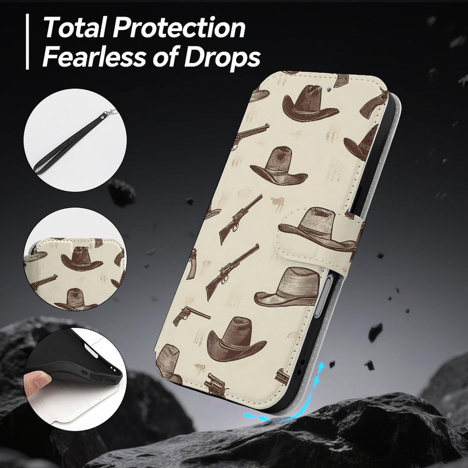 Cowboys Hats Guns Compatible with iPhone 16/16 Plus/16 Pro/16 Pro Max/16 E Case Phone Wallet Card Holder Flip Cover with Wrist Strap