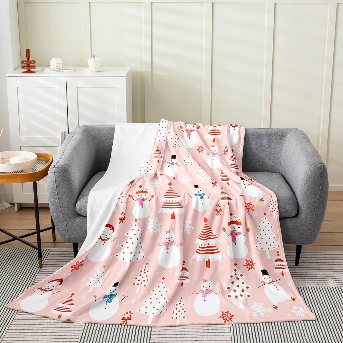 Feelyou Christmas Kids Plush Throw Blanket Cartoon Snowman Bedding All Season Bed Blanket Set for Sofa Couch Christmas Tree Decor Flannel Fleece Blanket Set Pink Dots Xmas Theme Bedroom Twin 60"x80"