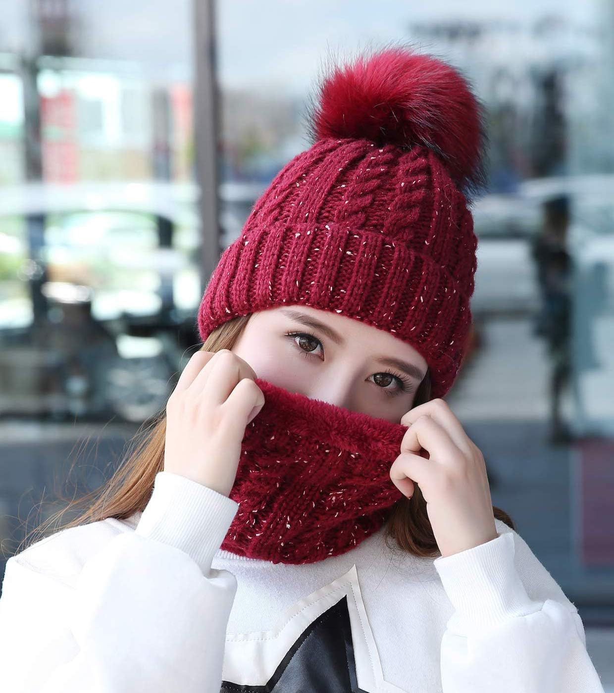 IYEBRAO Womens Winter Knit Beanie Hat and Scarf Set Girls Cute Slouchy Thick Fleece Lined Ski Hat Warm Skull Cap with Pom - Image 6