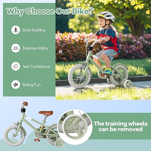 Miniatura 8 de BABY JOY Bicicleta infantil de macarones coloridos, de 12, 14, 16 y 18 pulgadas, bicicleta deportiva para niños con ruedas de entrenamiento, Verde