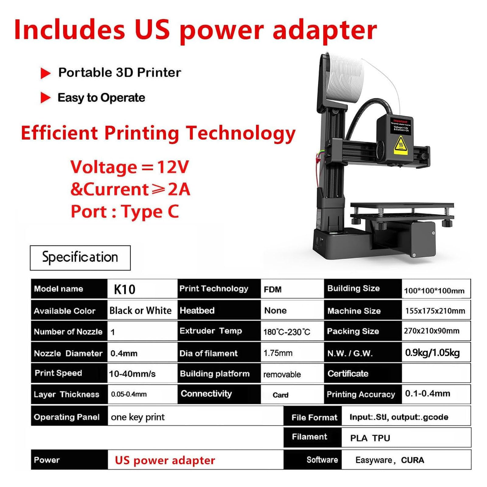 Mini Stampante 3D per Principianti Che Tagliano la velocità di 40 Mm/s Include Filamento e Strumenti PLA (Spina europea)