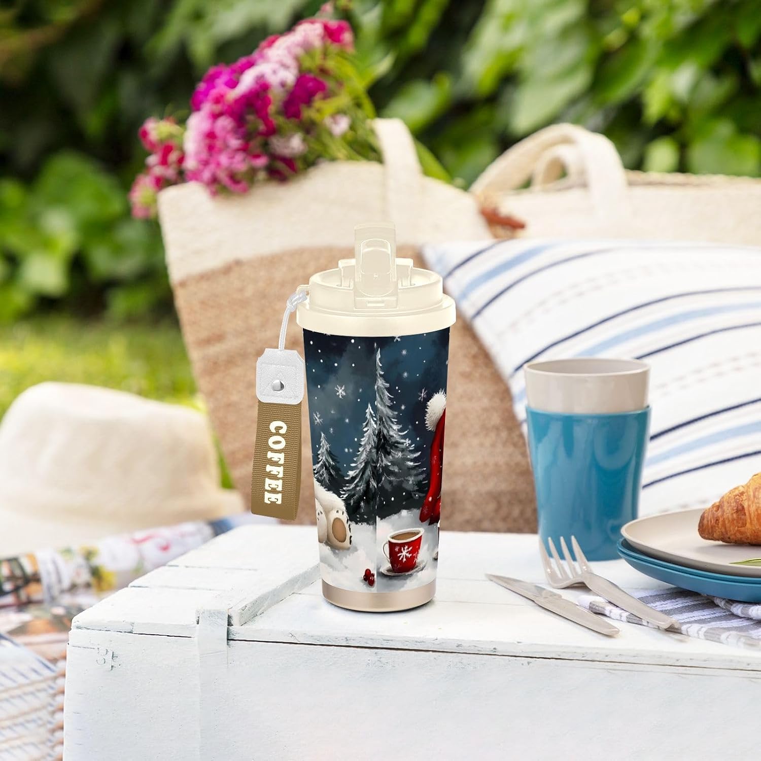 Bear Sleep Cute Insulated Coffee Mug with Straw & Flip Lid, 16.9oz Iced Tumbler Cup, Double Wall Vacuum Leak-Proof Mug for Travel Office