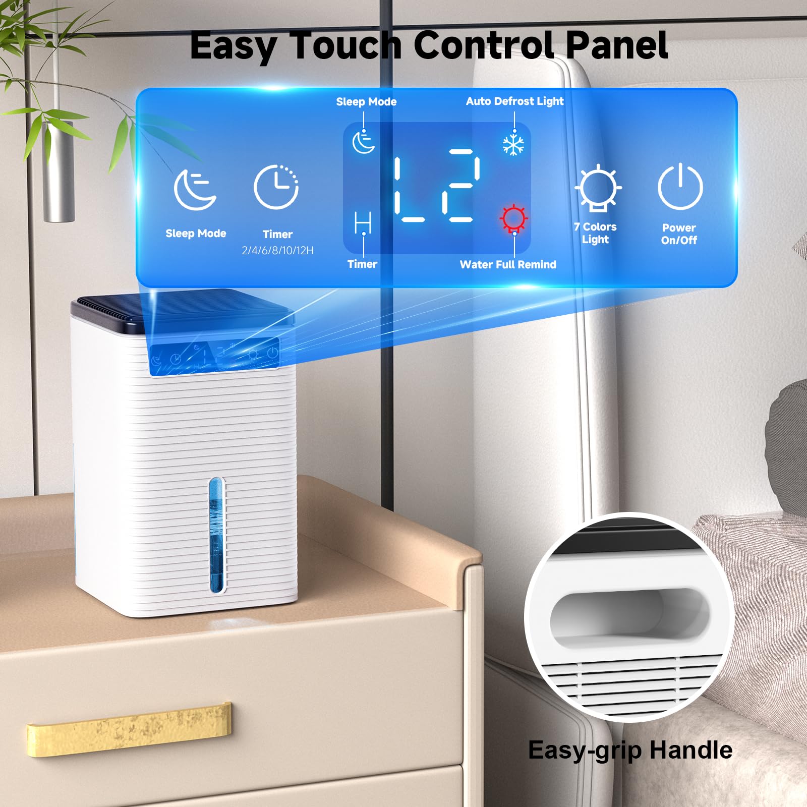 Deumidificatore Casa Muffa 2500ml, Deumidificatore Portatile - Silenzioso 30dB, Spegnimento Automatico, Timer 2-12h, Sbrinamento Smart, 7 Colori LED, per Camera da Letto, Bagno, Armadio (650ml/Giorno)