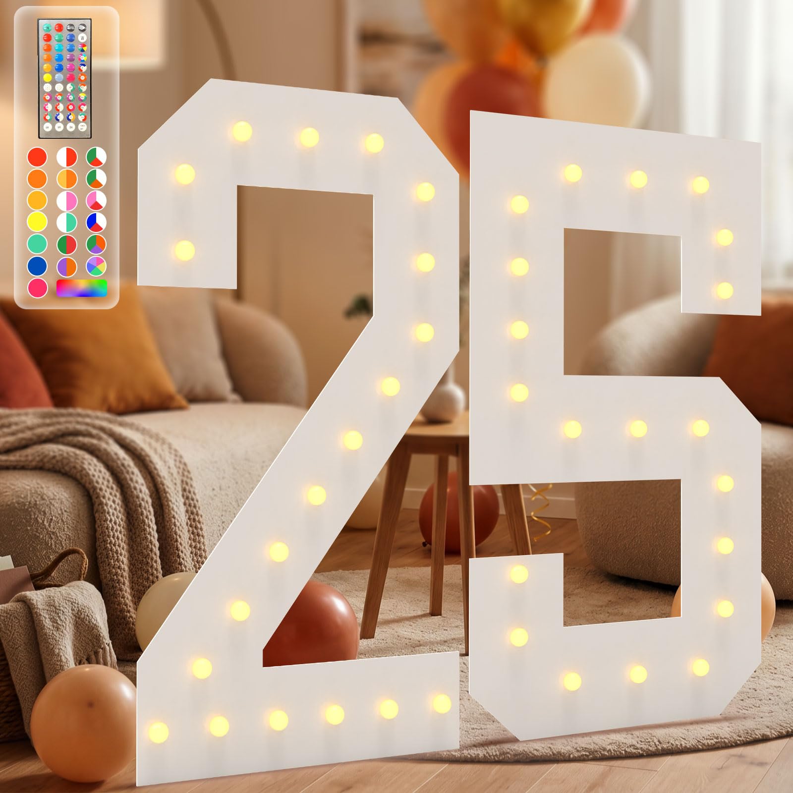 4FT Marquee Light Up Numbers, 34 Colors Changing Marquee Numbers with Remote,Water Bag, 4FT Light Up Numbers for 25th Birthday Party Decorations Backdrop Anniversary Decor, Large Number 25