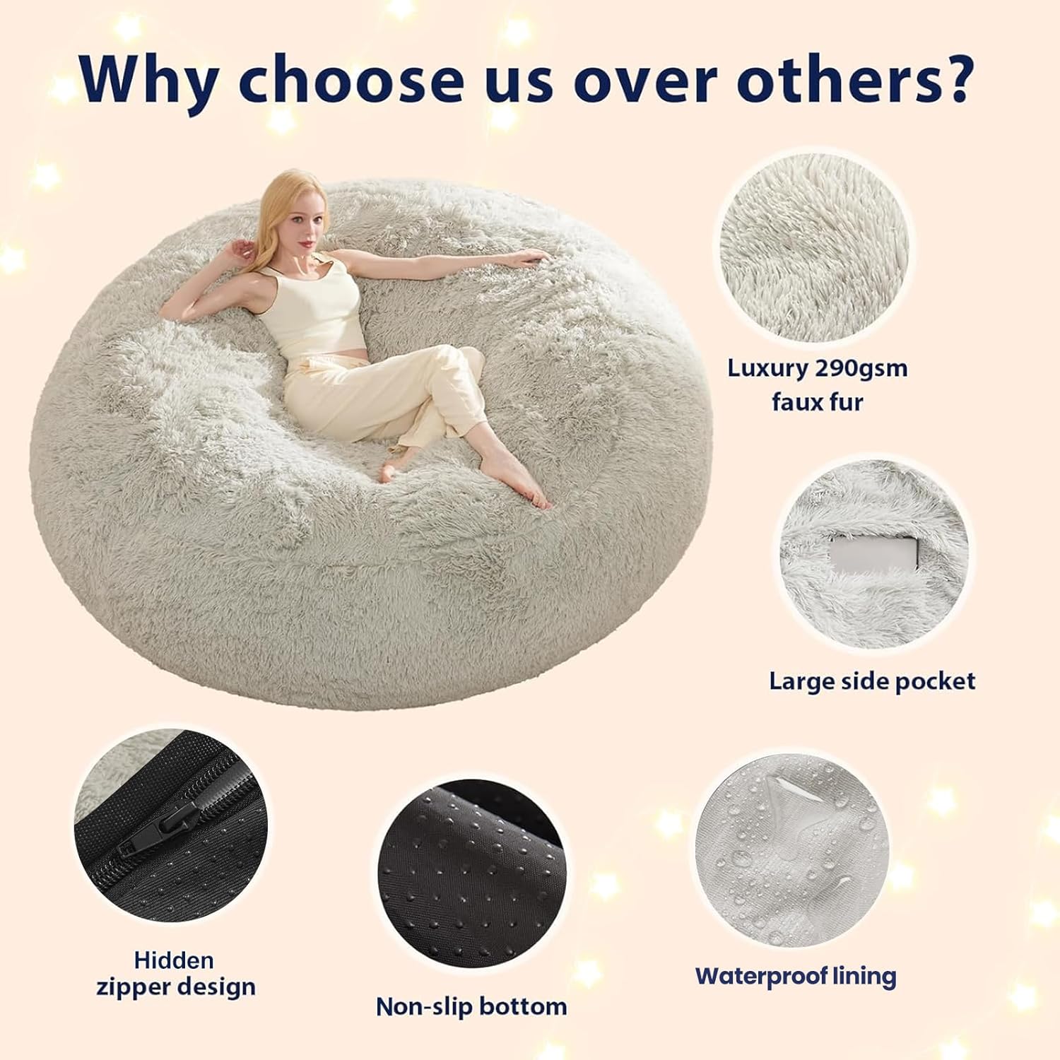 Bean Bag Chair Cover, Waterproof Faux Fur Bean Bag Cover Only(No Filler), 5FT Round Beanbag Cover with Pocket, Big Giant Bean Bags Covers for Adults Kids Teens, Stuffed Animal Storage