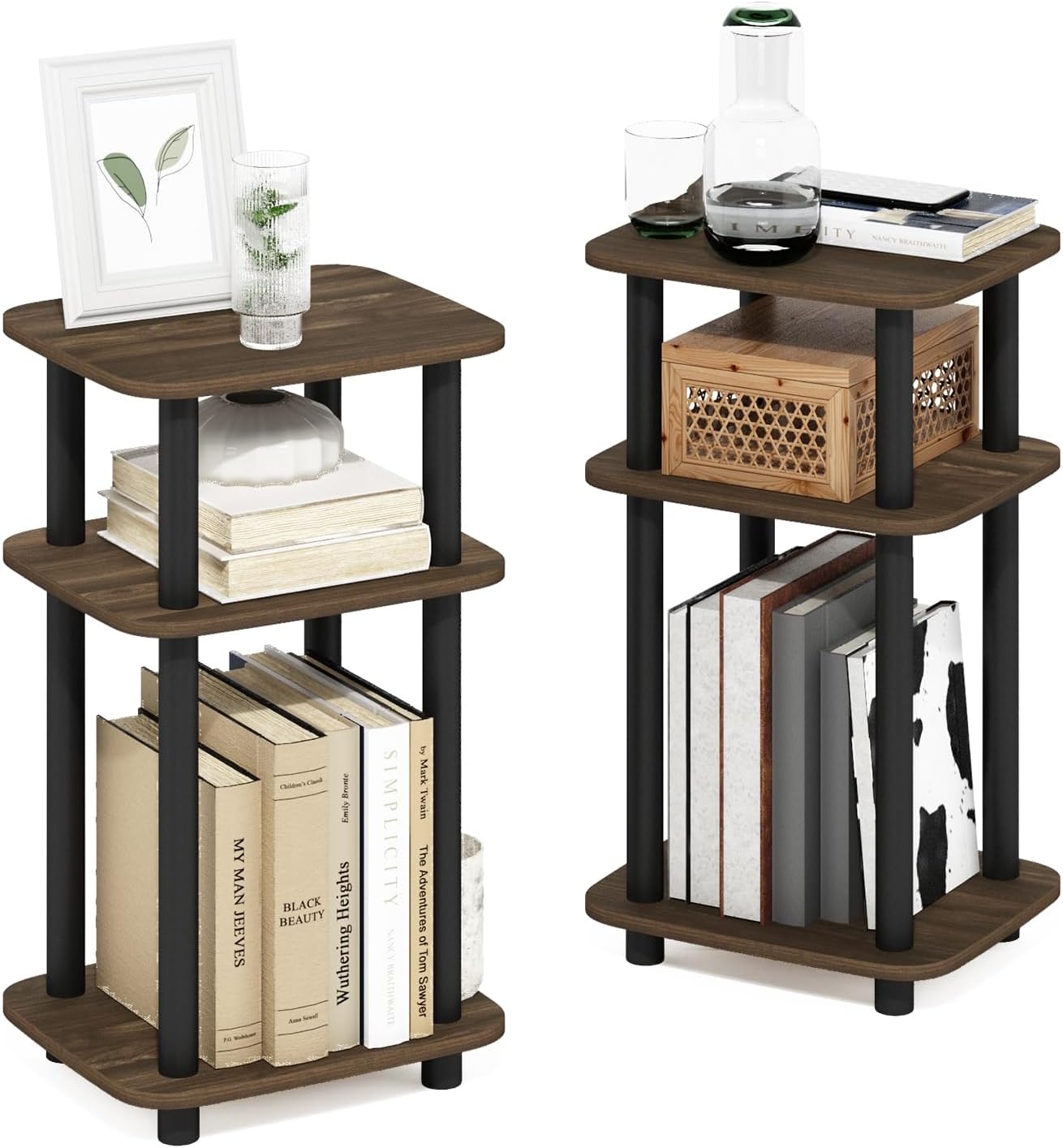 Furinno JUST Side Table Set of 2, 3-Tier Turn-N-Tube End Table with Open Shelf, Round Curve Corner Night Stand, Bedside Table, Easy Assembly, for Living Room, Bedroom, Columbia Walnut