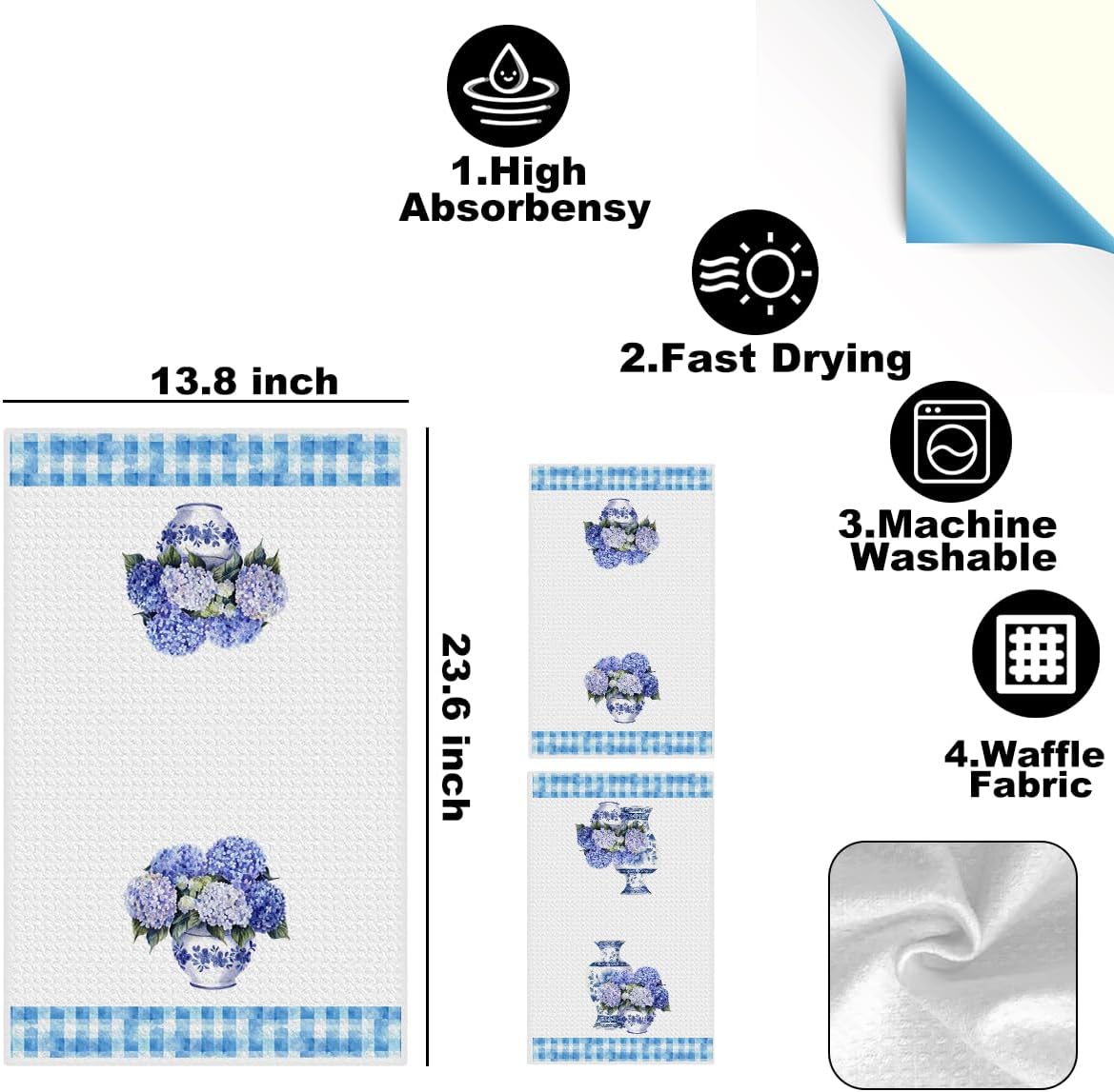 2Pcs Chinoiserie Kitchen Towels, Blue White Hydrangea Checkered Hand Towels image 2