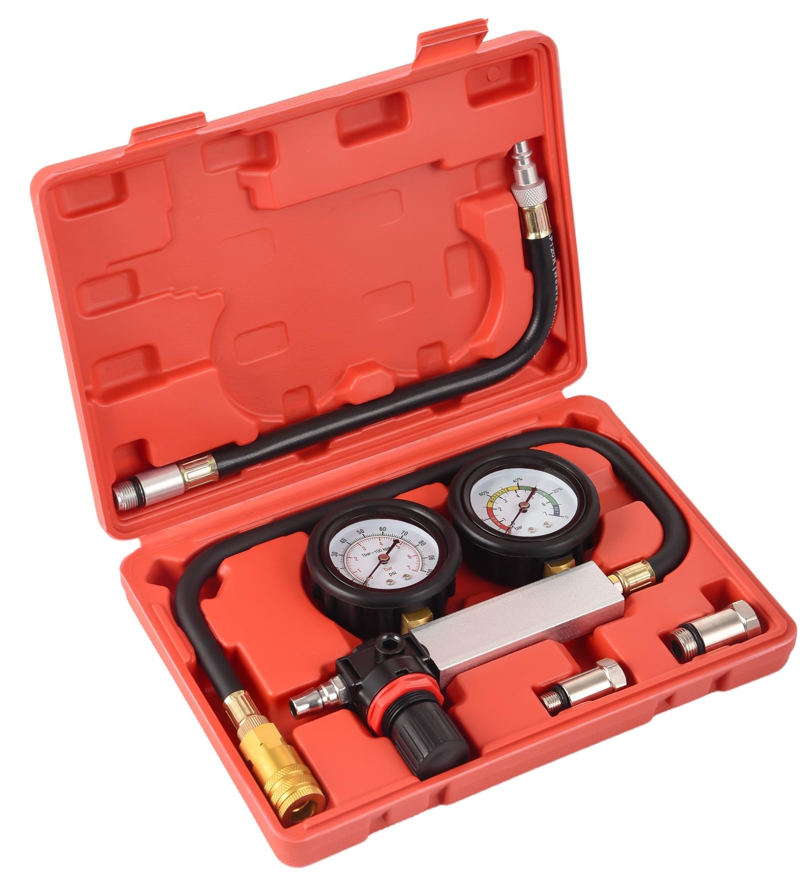 DHA Profi Zylinder Druckverlusttester Set, Druckverlustprüfer für Benzinmotoren, inkl. Adapter M12 x 1,25 & M14 x 1,5, Motordiagnose Prüfgerät für KFZ Werkstatt mit Koffer