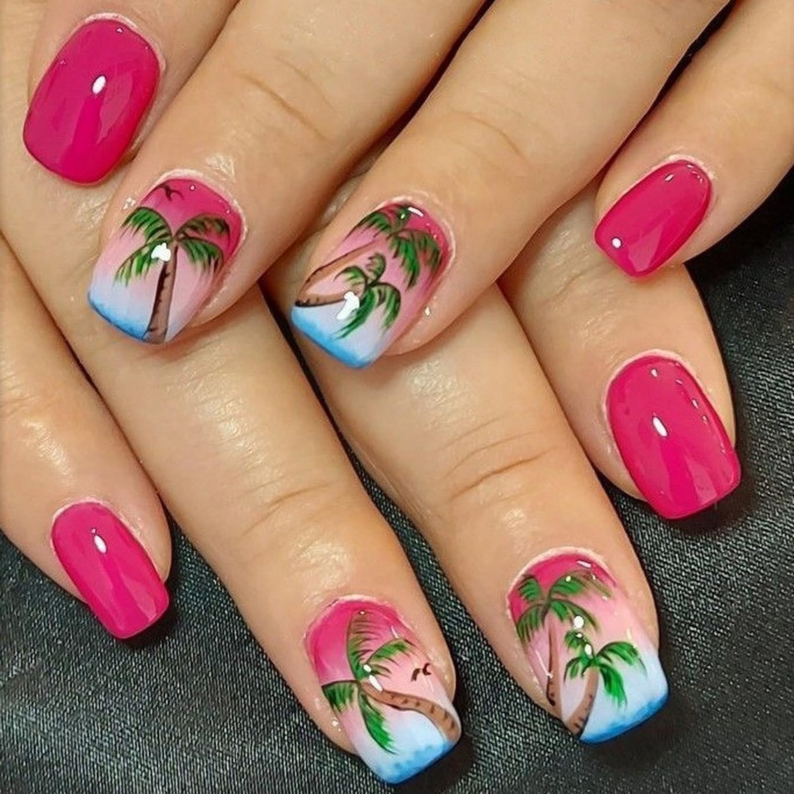 Summer Press on Nails Short Square SWEKKE Pink Fake Nails False Nails with Coconut Tree Sea Waves Designs Beach Nails Cute Glossy Glue on Nails Hawaii