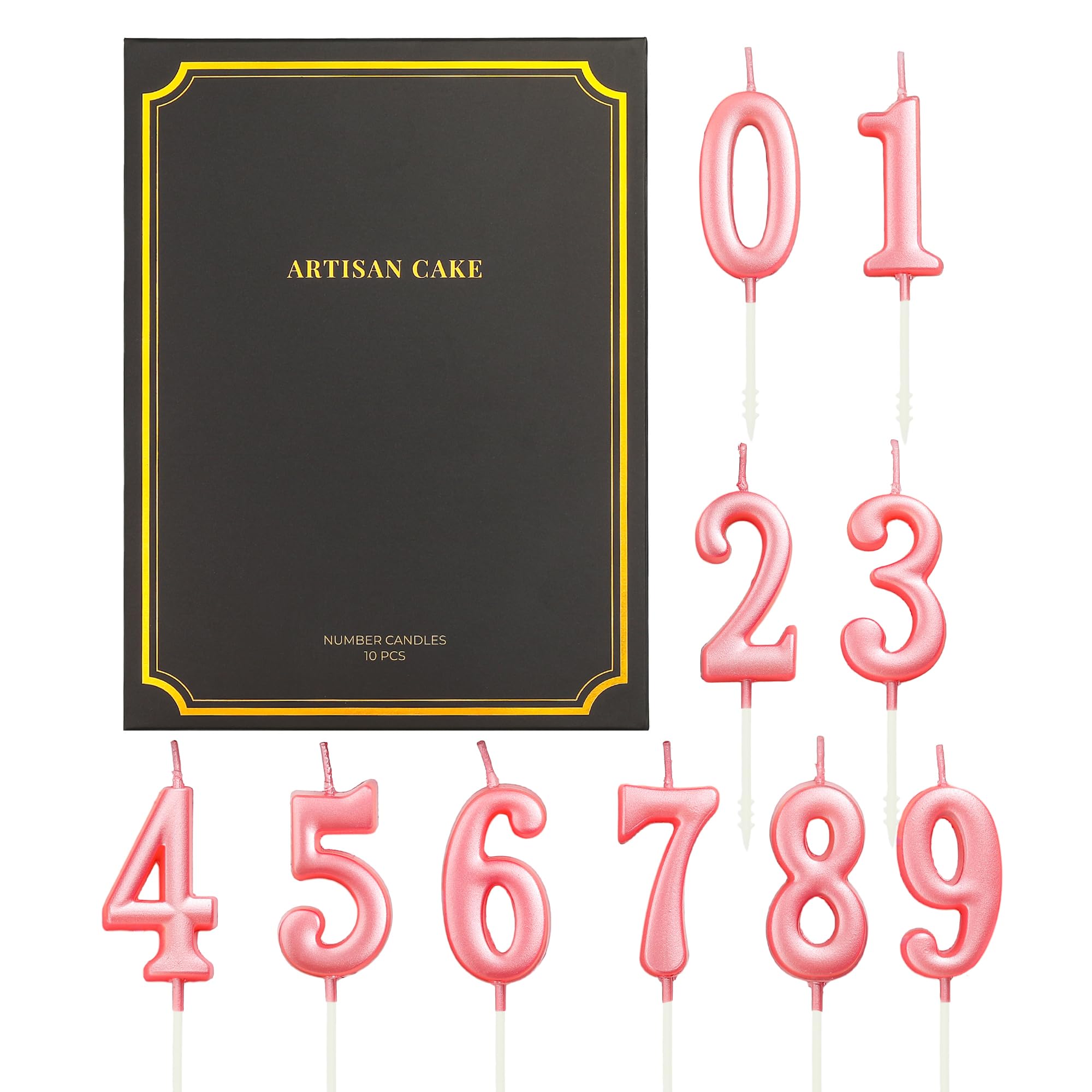 ARTISAN CAKE 10-Pieces Pink Numeral Birthday Candles, Cake Numeral Candles Number 0-9 Glitter Cake Topper Decoration for Birthday,Wedding Anniversary,