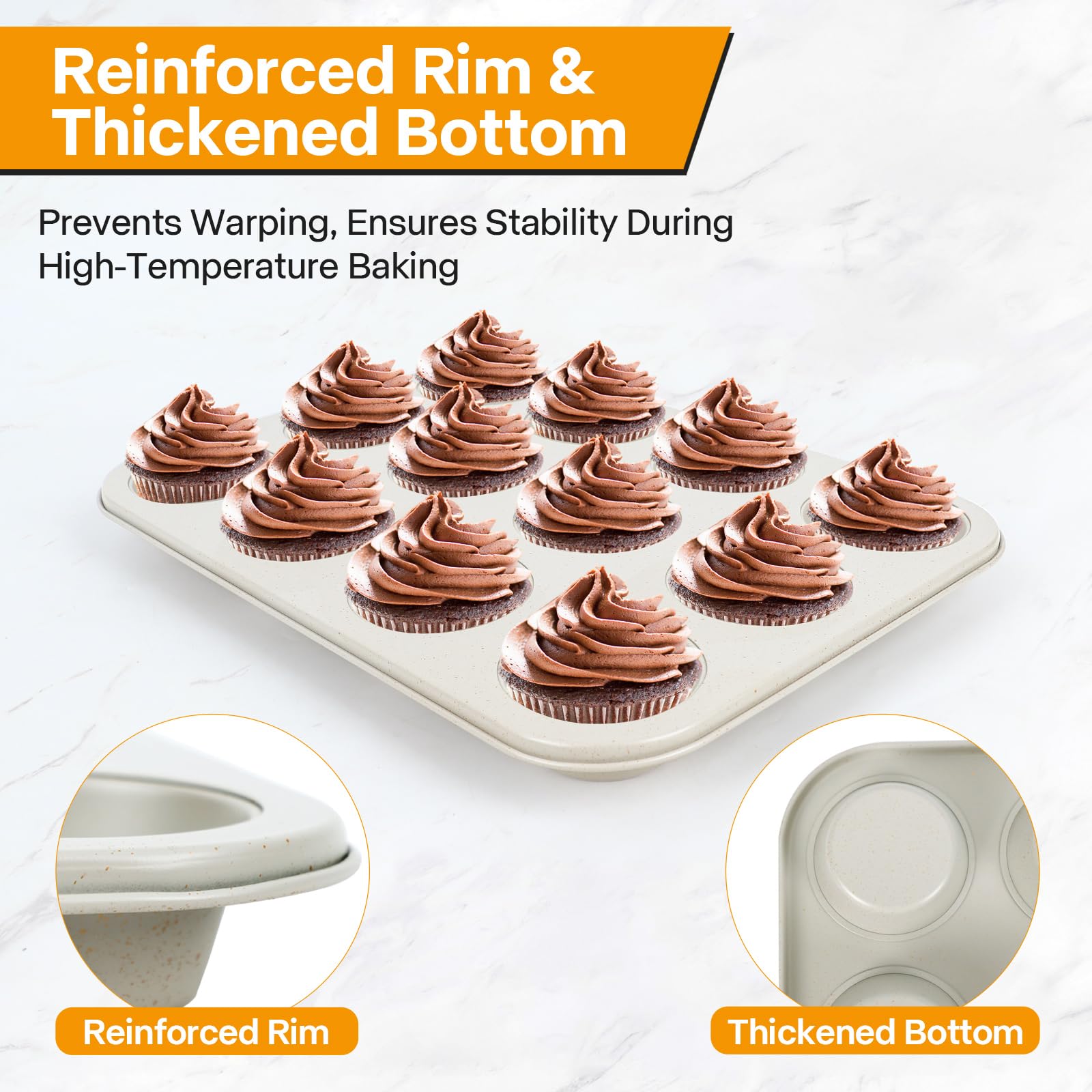 Paquete de 2 moldes para magdalenas para hornear saludables, molde antiadherente para magdalenas de 12 tazas, duradero y fácil de limpiar, perfecto para cupcakes, magdalenas (beige) 5